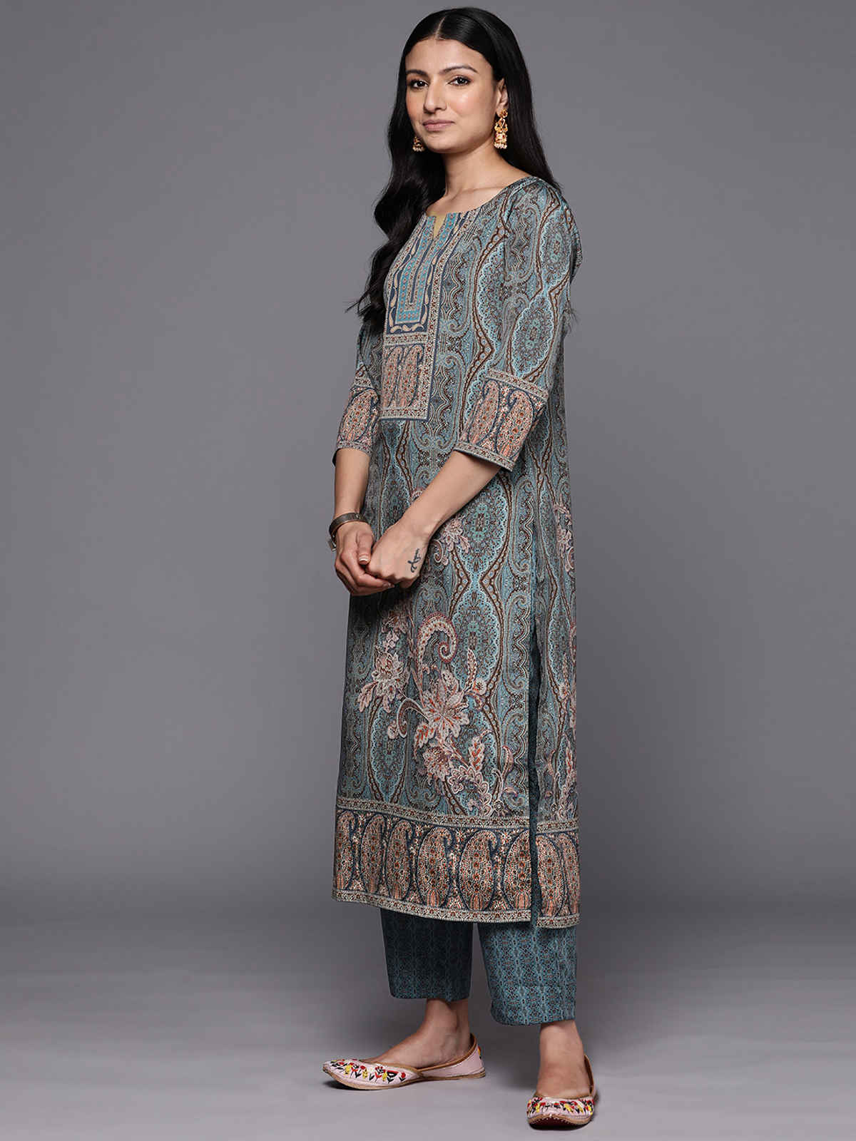 Libas Printed Crepe Straight Kurta With Trousers & Dupatta | 34211R | Blue - L