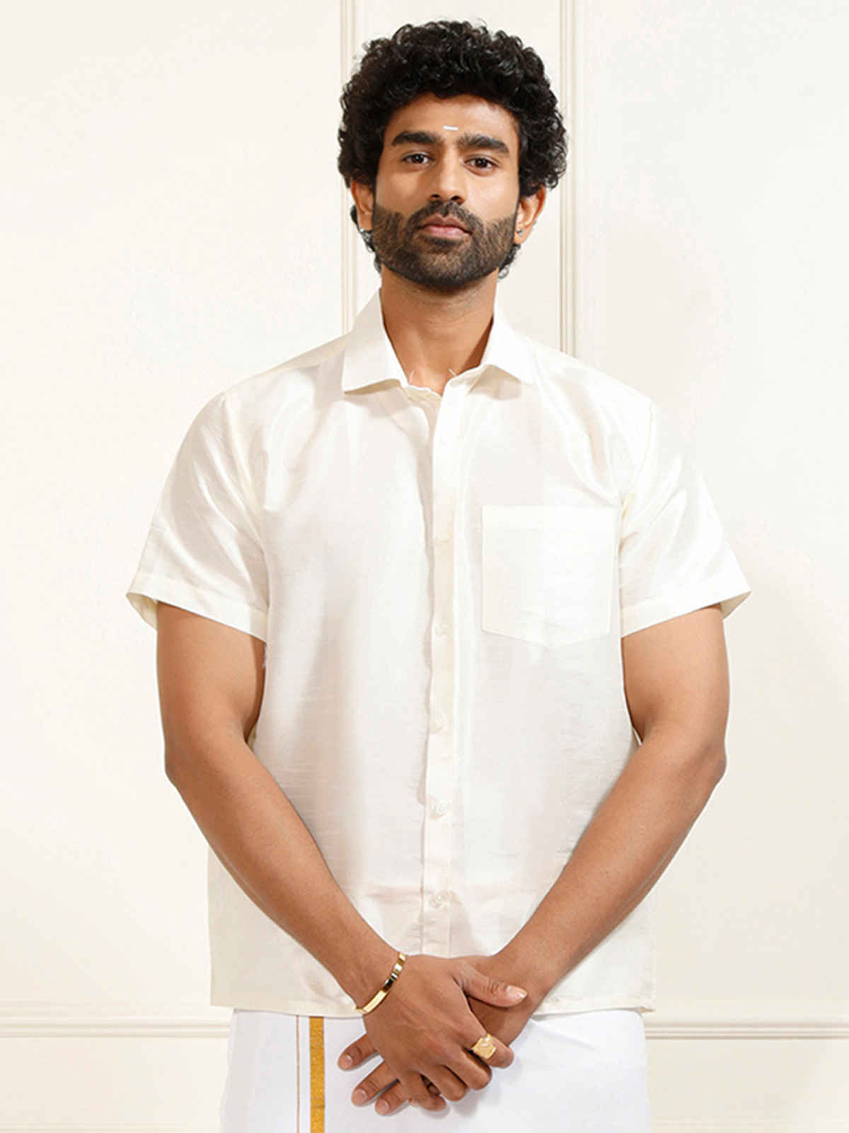 Vastramay Mens Silk Blend Casual Shirt | Cream Short Sleeve Elegant Fit with Patch Pocket - L