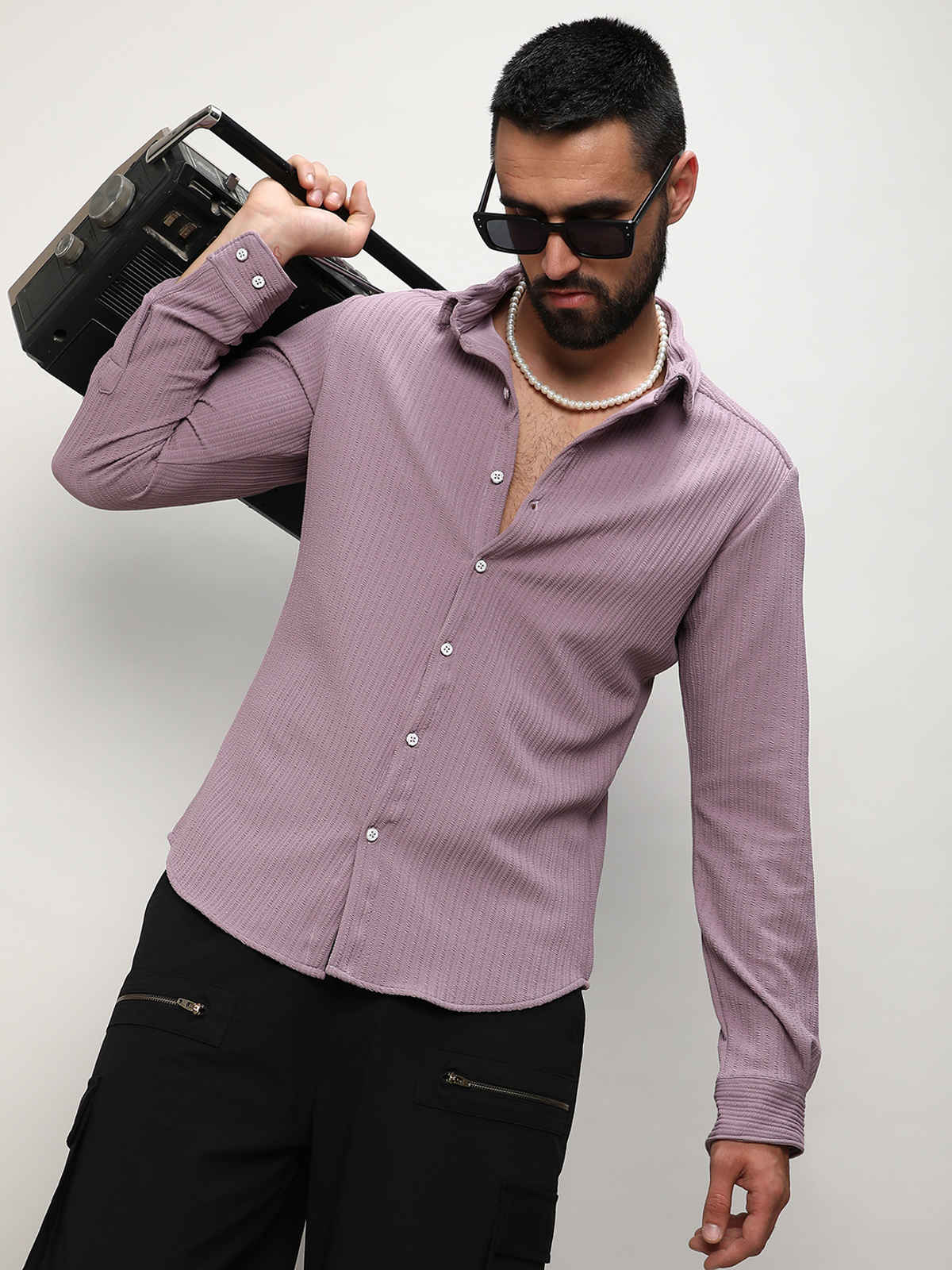 Campus Sutra Men's Stripe-Creased Shirt | Lavender - L