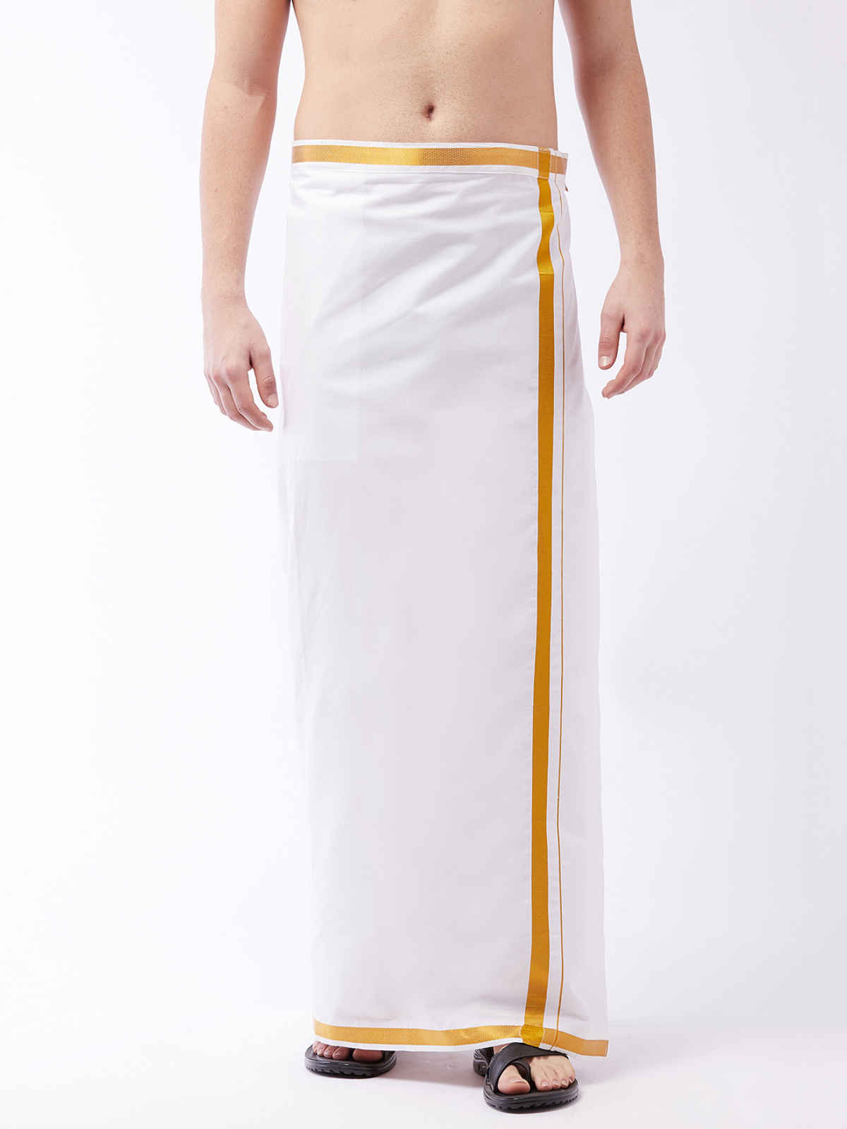 Vastramay Men's White And Gold Velcro Mundu/Veshti/Dhoti with pockets | 36 (Free Size)
