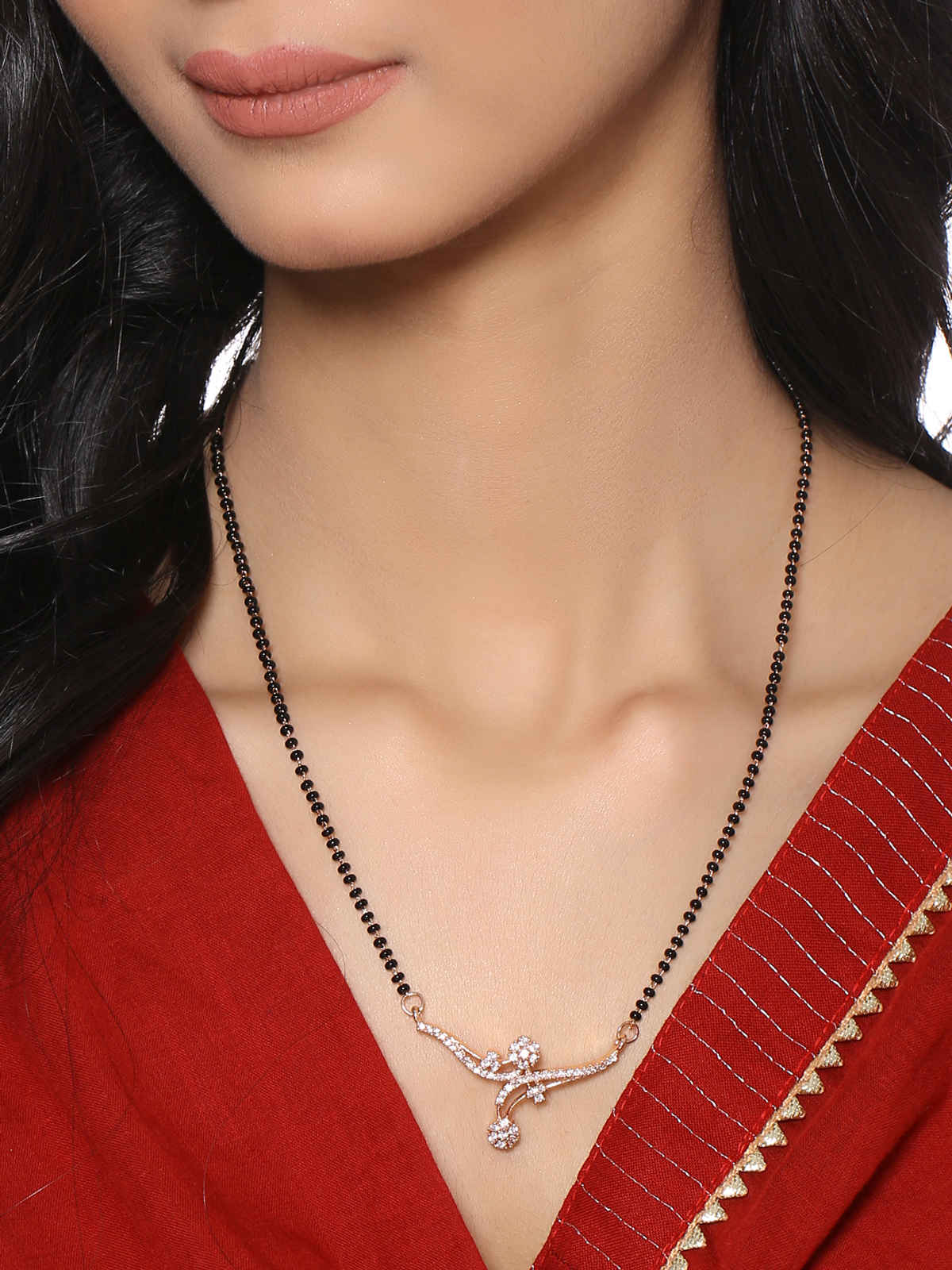 Yellow Chimes Silver Toned AD Studded Black Beads Mangalsutra