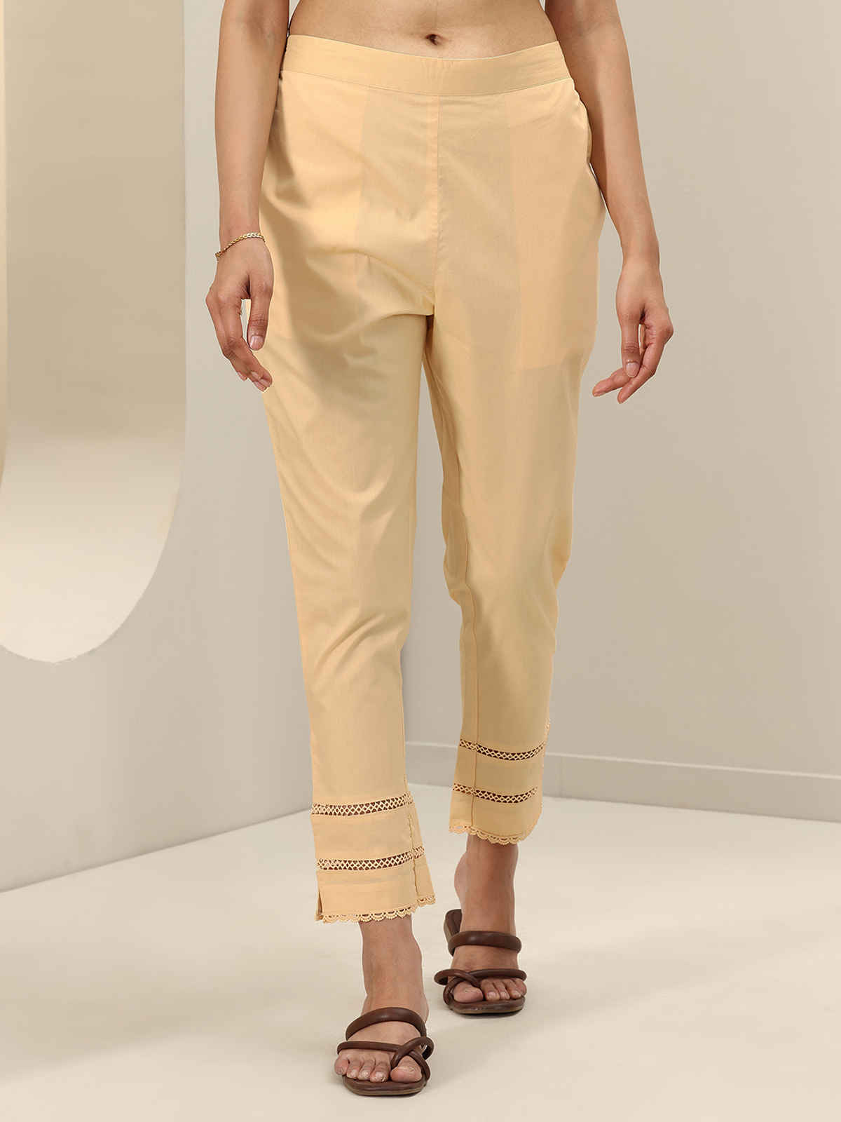 Libas Women's Solid Cotton Trousers | PL1668 | Beige - XL