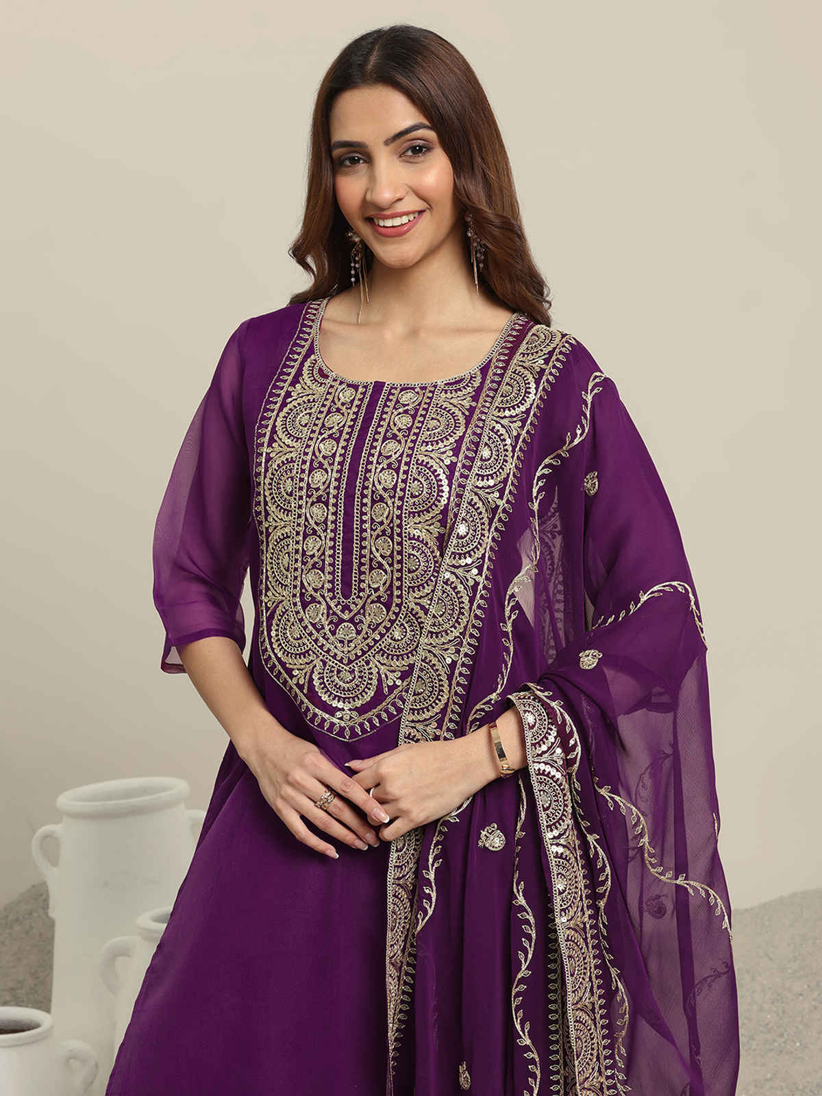 Libas Yoke Design Organza Straight Suit Set With Dupatta | 99366H | Burgundy - L