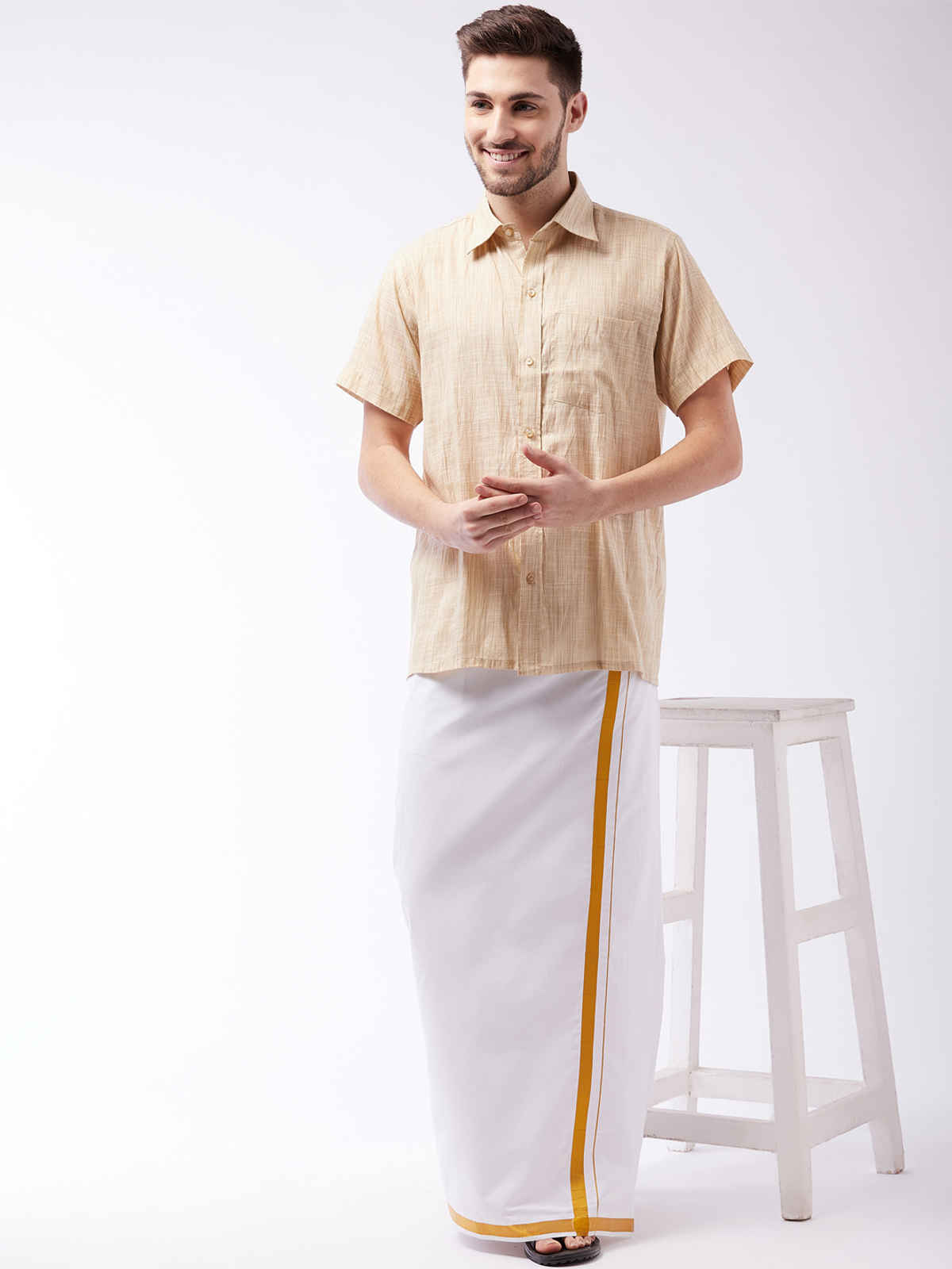 Vastramay Men's White And Gold Velcro Mundu/Veshti/Dhoti with pockets | Ready To Wear | Free Size 