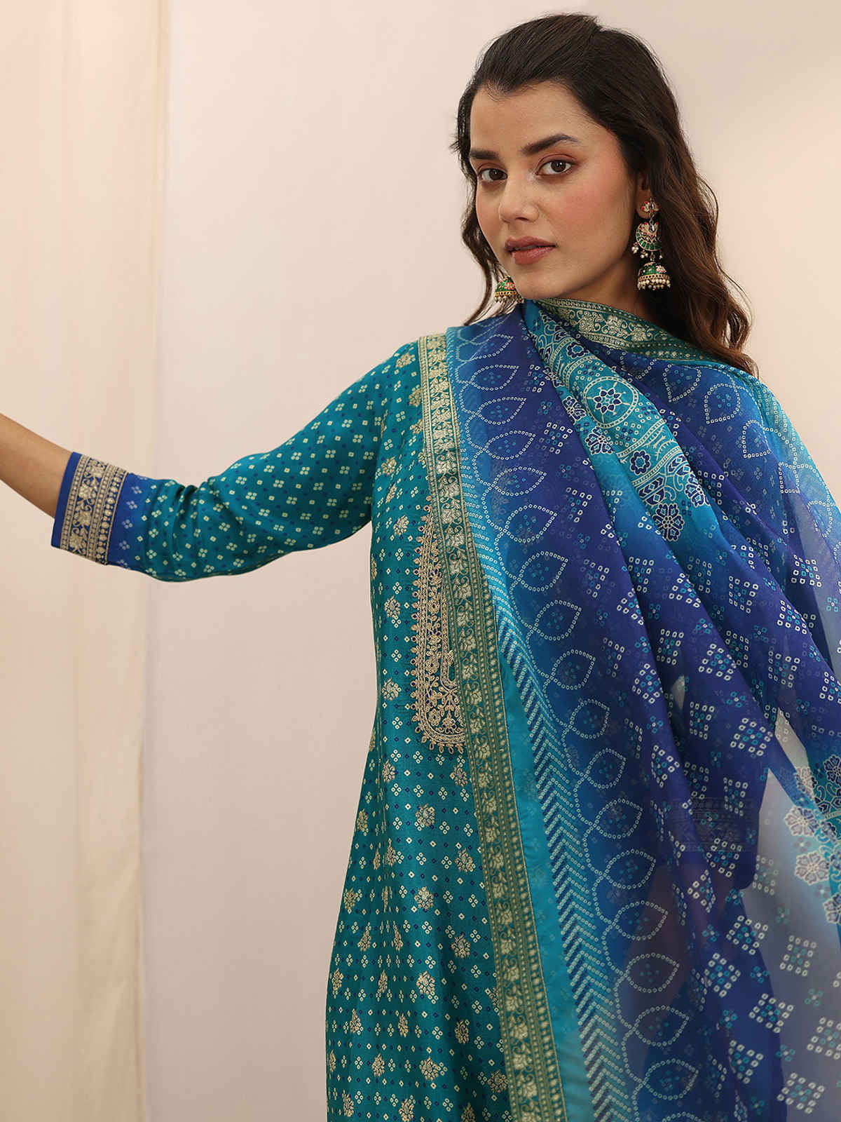 Libas Printed Silk Blend Straight Suit Set With Dupatta | 99269H | Blue - L