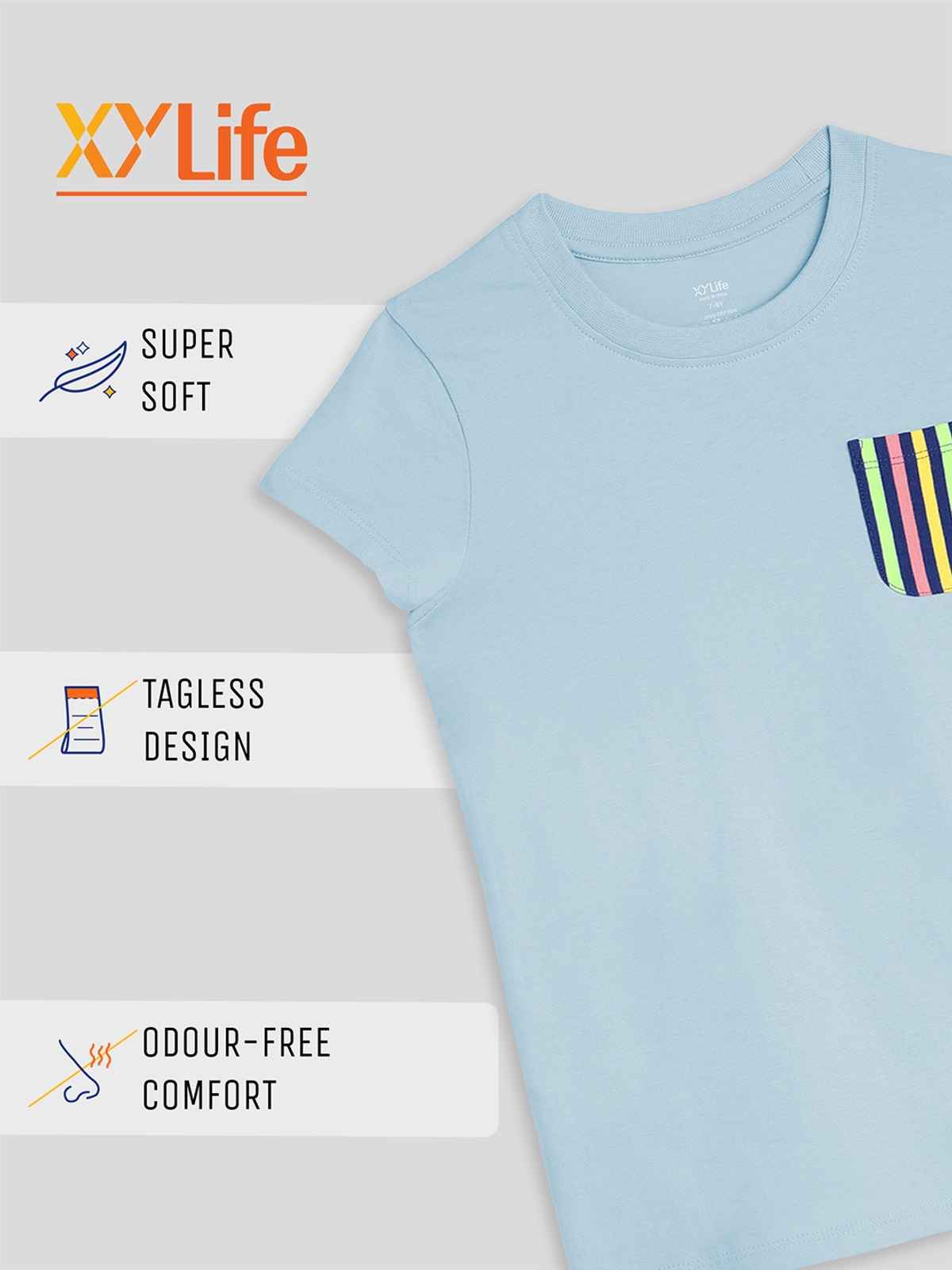 XY Life Girl's Arcade Intelliease Combed Cotton T-shirt | Ice Blue - 11 to 12 years