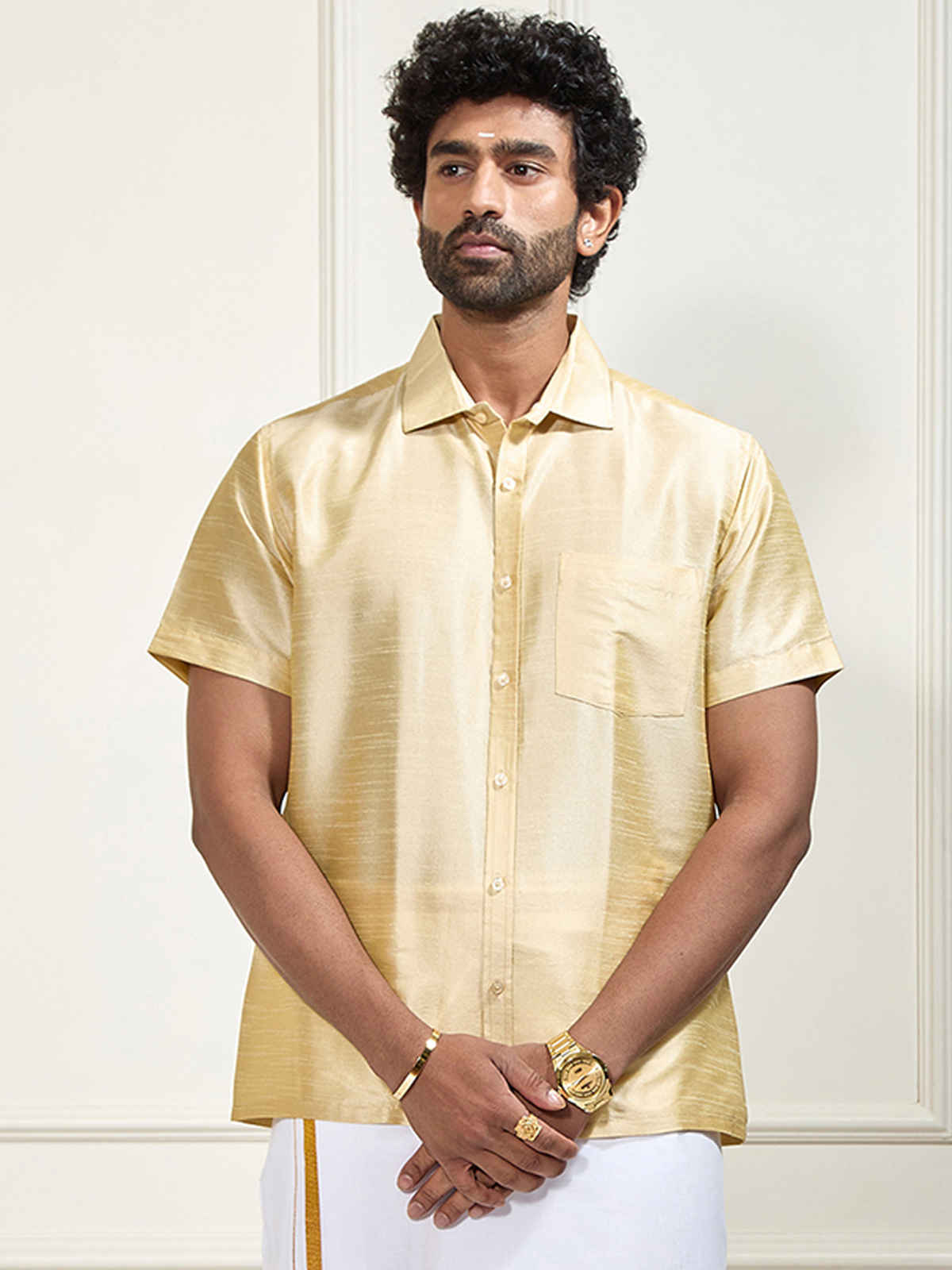 Vastramay Mens Silk Blend Casual Shirt | Golden Short Sleeve Festive Wear with Patch Pocket - L