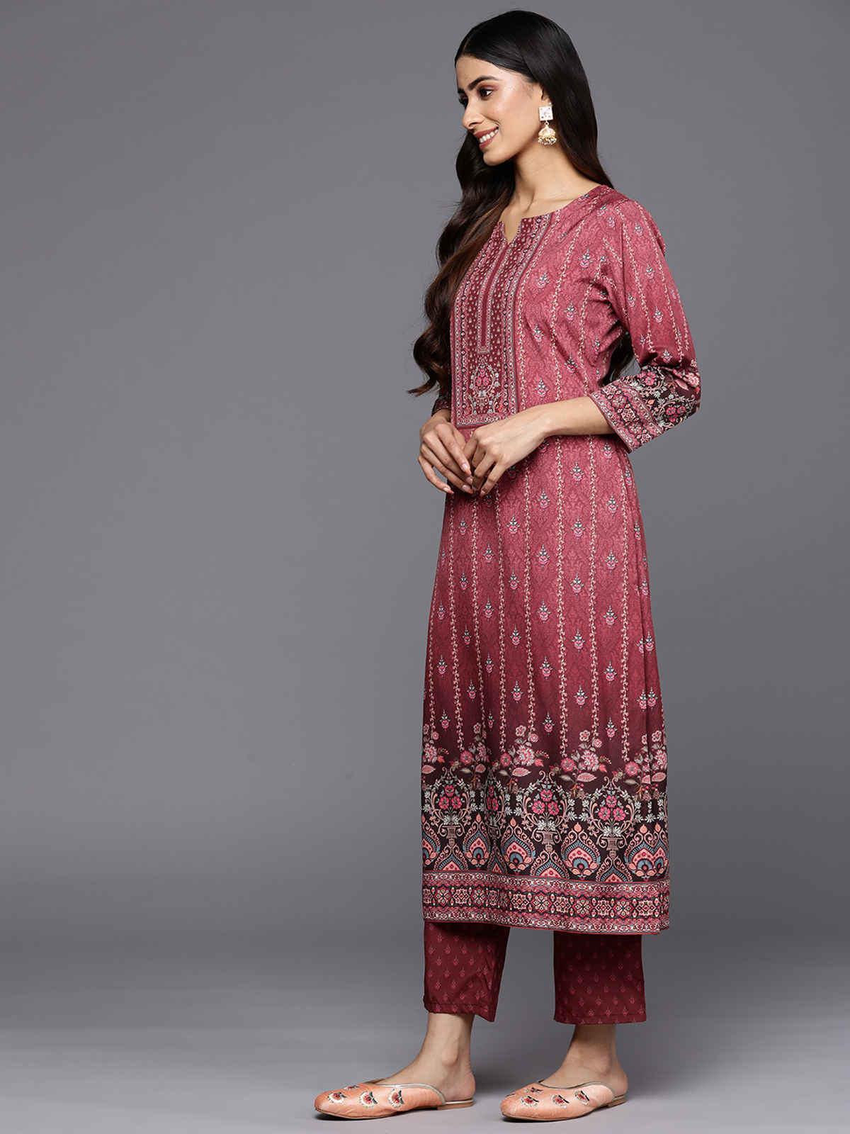 Libas Printed Crepe Straight Kurta With Trousers & Dupatta | 34215R | Maroon - L