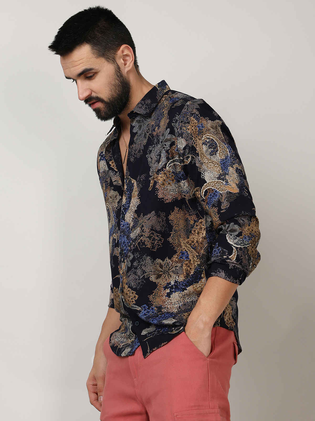 Campus Sutra Men's Paisley Flora Shirt | Royal Blue & Midnight Black - M