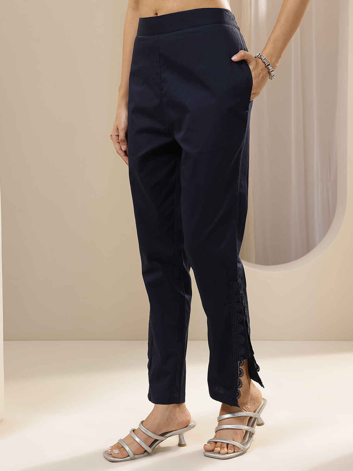 Libas Women's Self Design Cotton Trousers | PL1641 | Blue - M