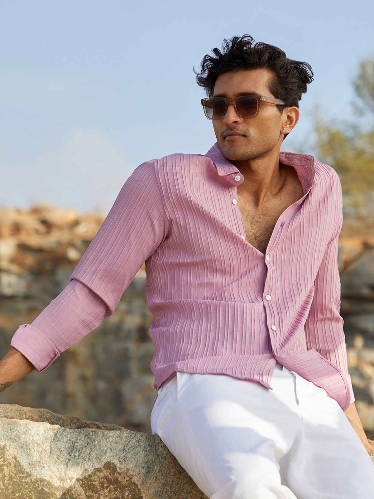 Campus Sutra Men's Self-Design Striped Shirt | Salmon Pink - XL