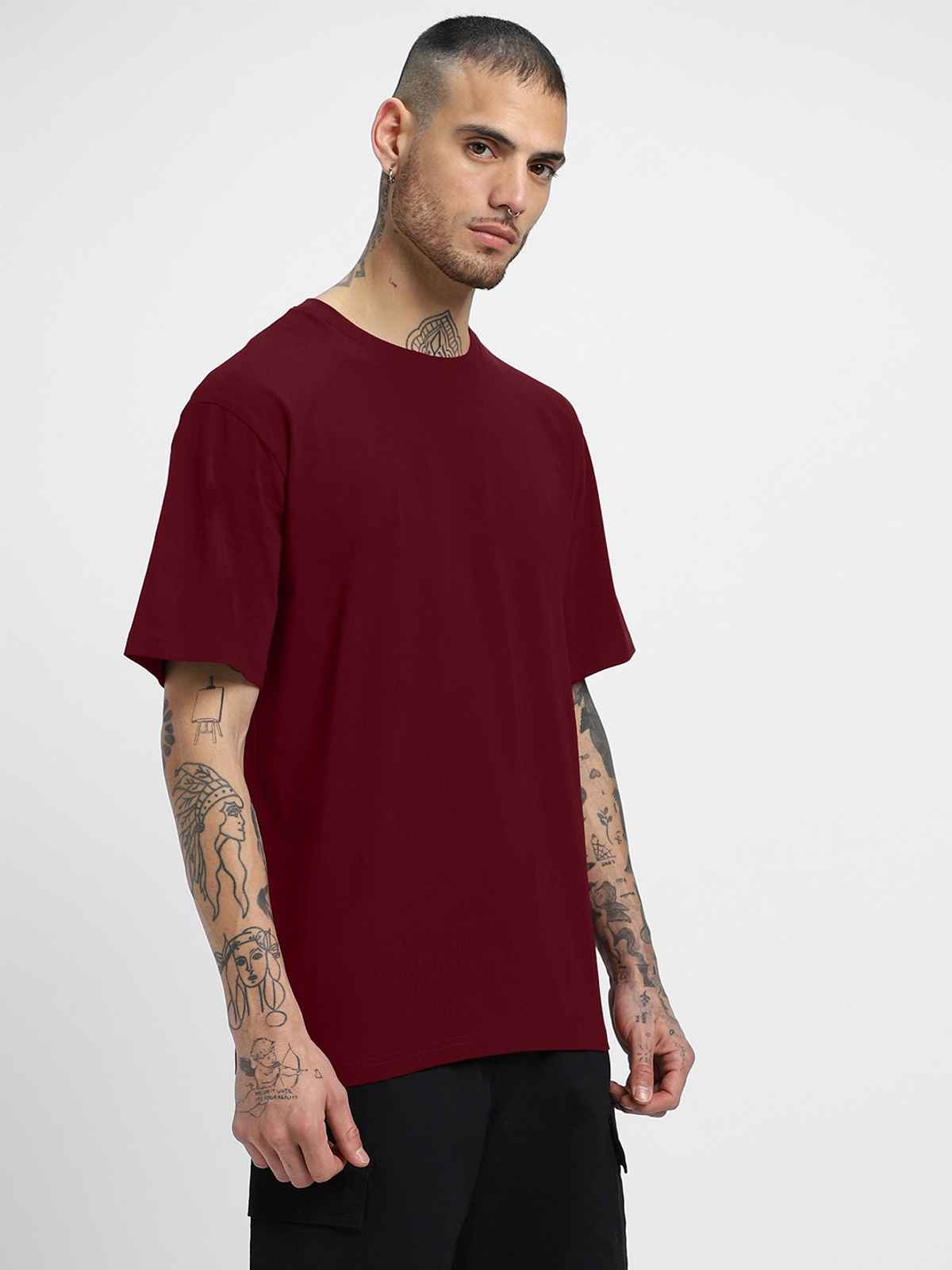 Veirdo Pure Cotton Oversized Fit Round Neck Maroon T-Shirt For Men - XXL