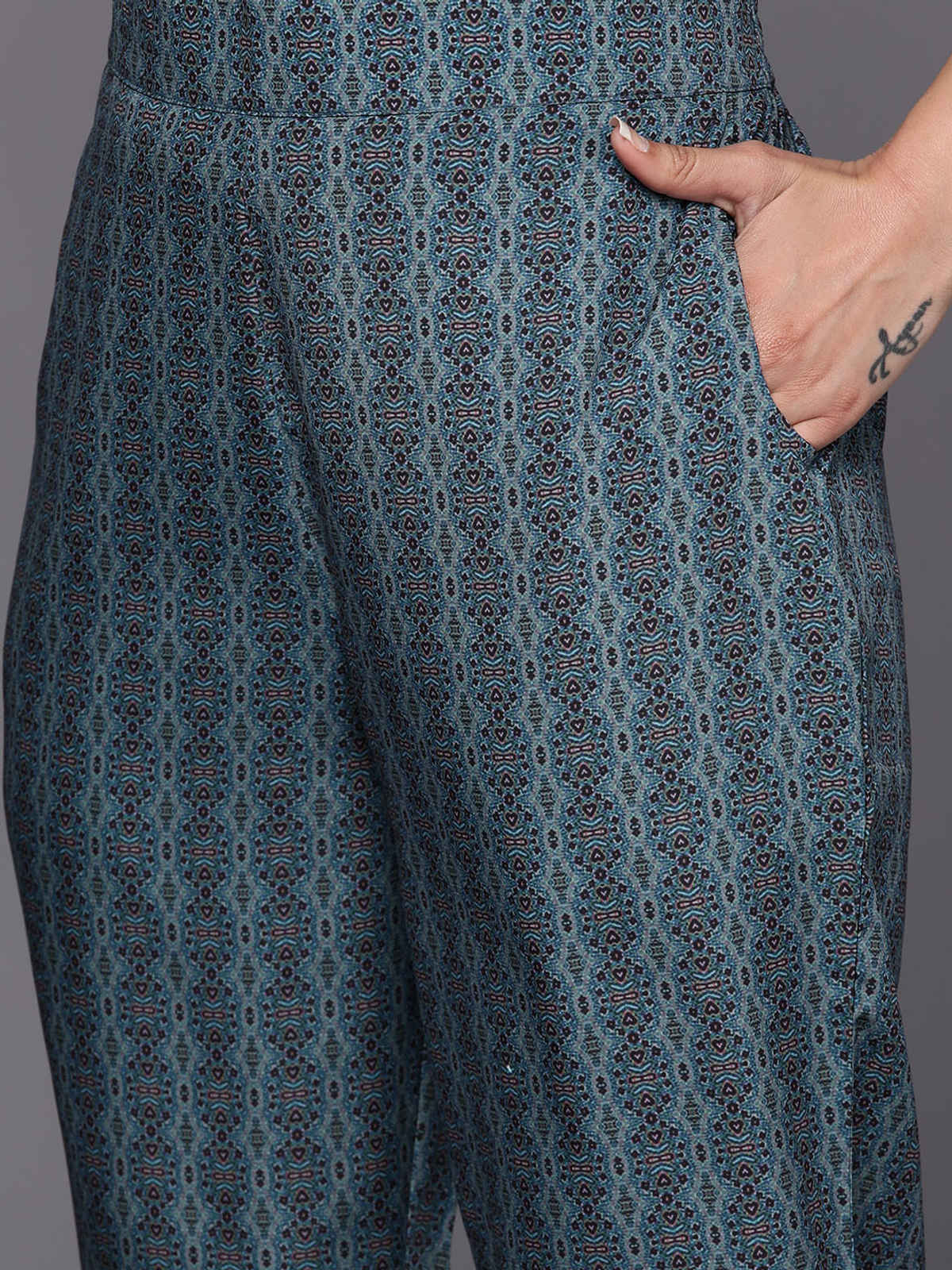 Libas Printed Crepe Straight Kurta With Trousers & Dupatta | 34211R | Blue - L