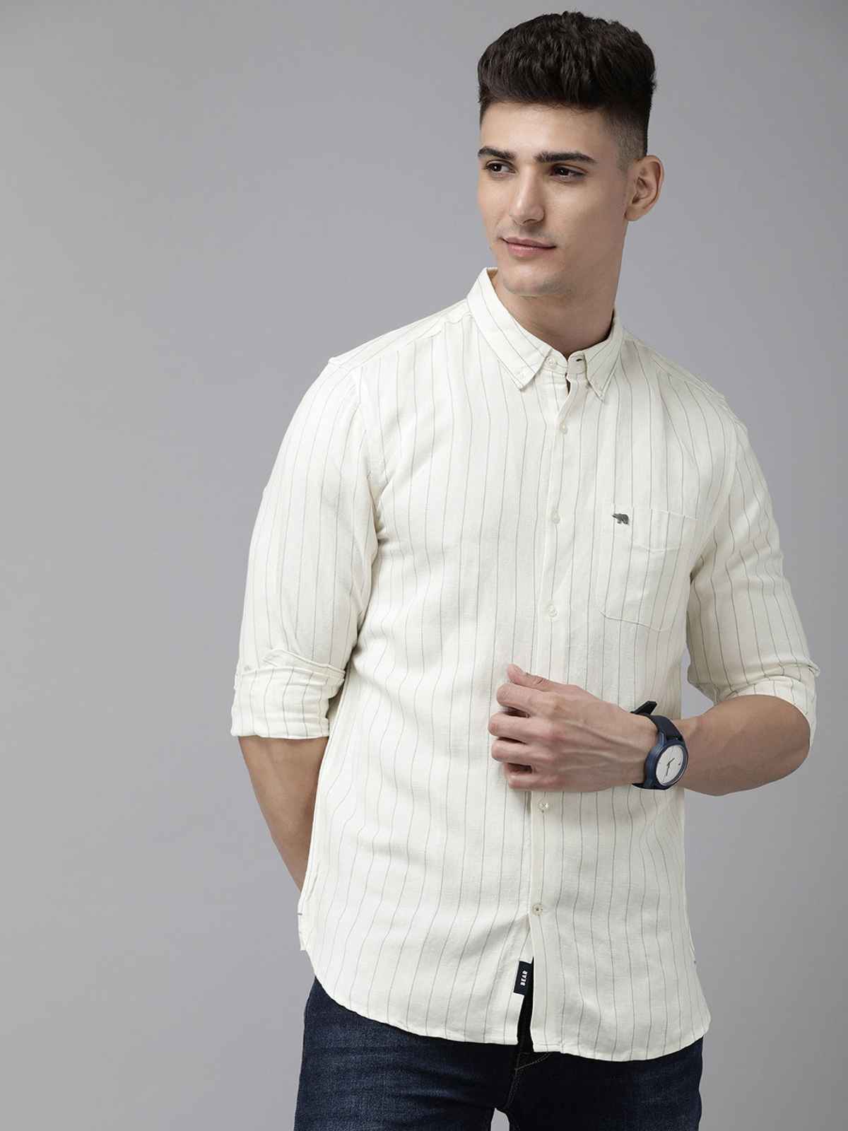 The Bear House Men Vertical Striped Slim Fit Cotton Linen Casual Shirt | Style - Wydal | White - XL