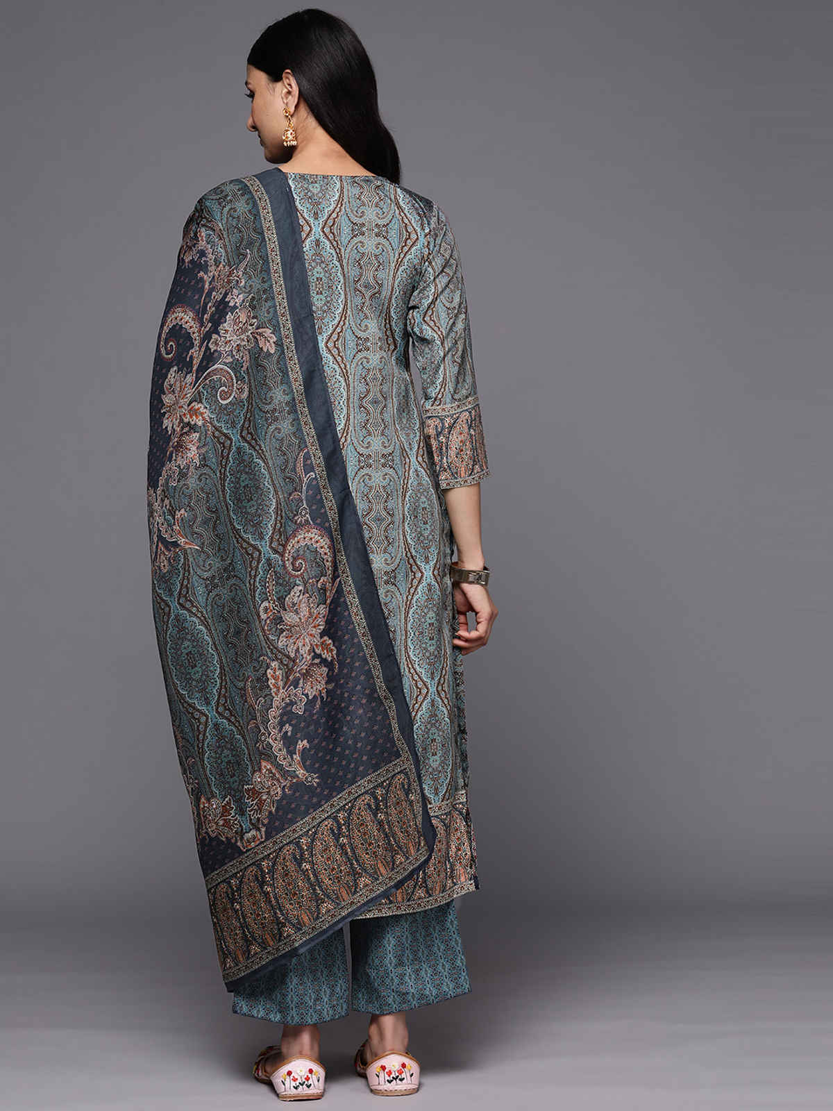 Libas Printed Crepe Straight Kurta With Trousers & Dupatta | 34211R | Blue - L