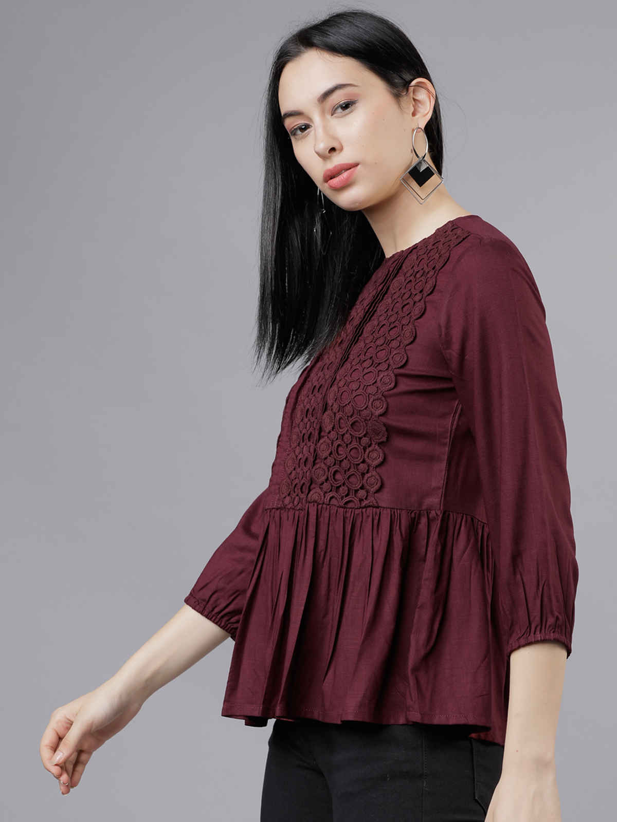 Tokyo Talkies Women's Lace Inserts Peplum Top | Burgundy - M