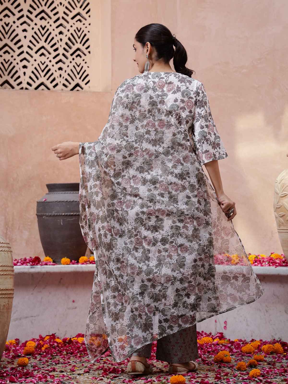 Rangdeep Floral Printed A-Line Pure Cotton Kurta with Trousers for Women s | Off White | XL