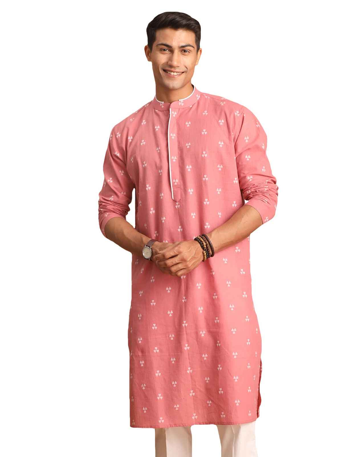 Vastramay Men's Cotton Kurta | Pink - L