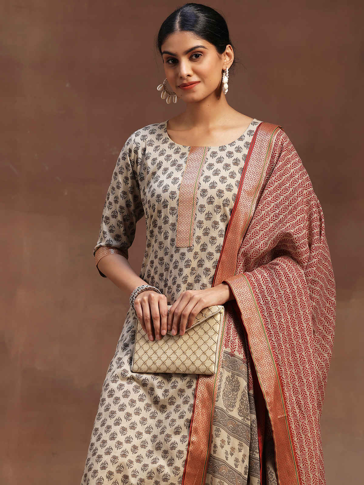 Libas Printed Cotton Straight Suit With Dupatta | 36671OH | Beige - M