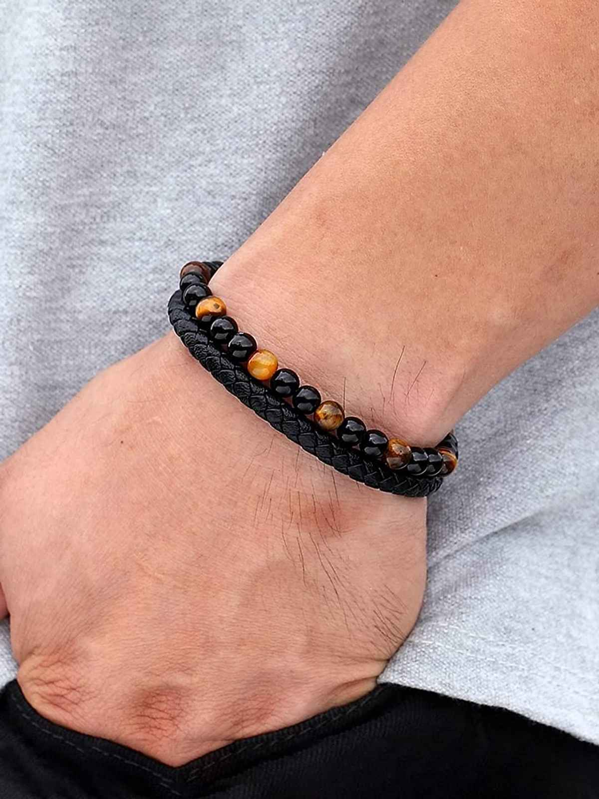 Yellow Chimes Men Black & Orange Beaded Stretchable Bracelet