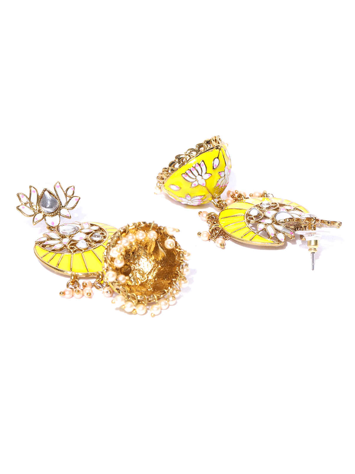 Priyaasi Gold-Plated Stones Studded | Floral Patterned Meenakari Jhumka Earrings in Yellow Color