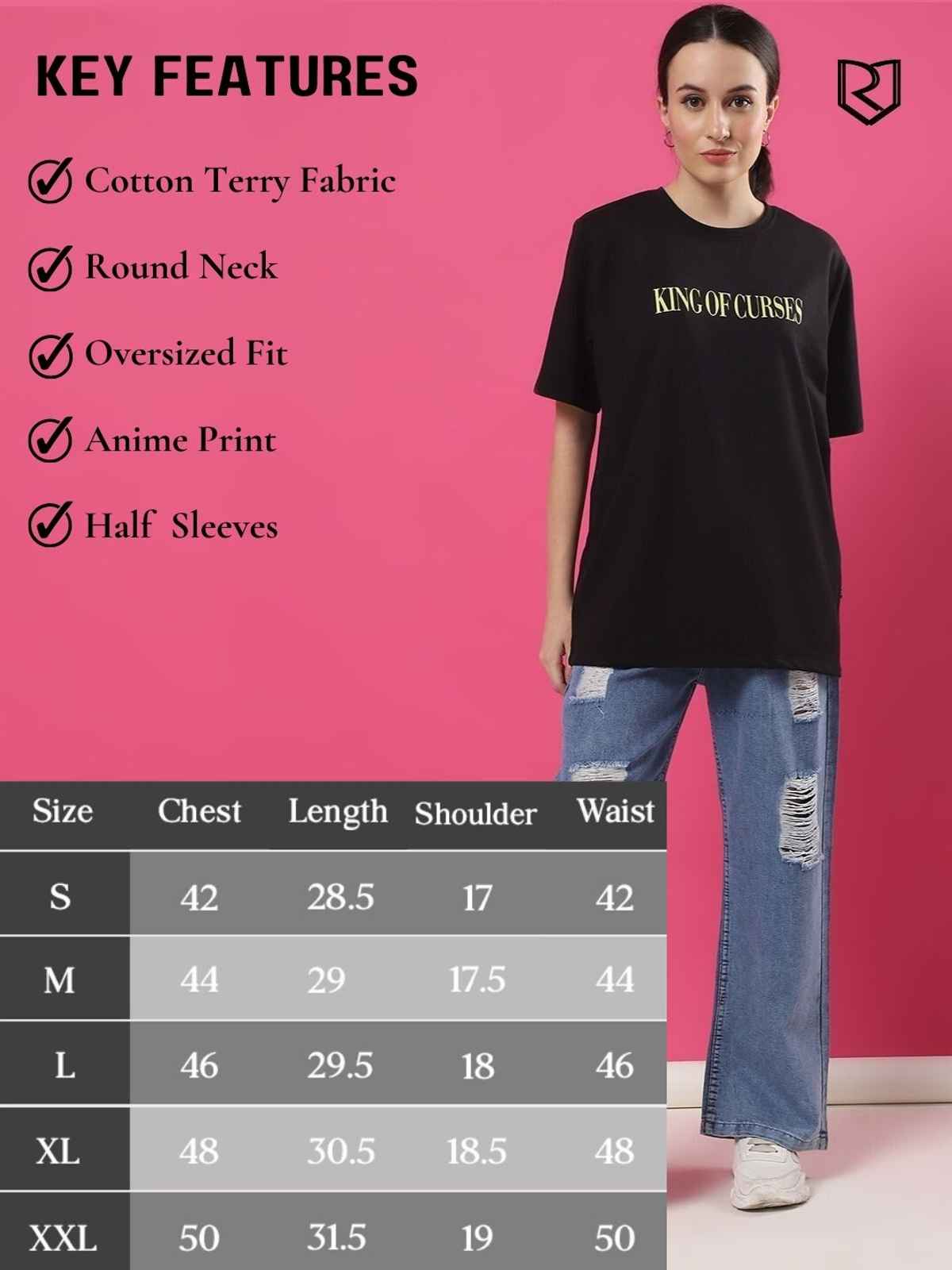 Rigo Women Terry Oversized Printed T-shirt | Black - L