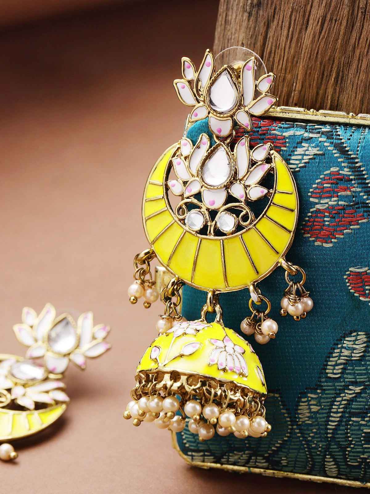 Priyaasi Gold-Plated Stones Studded | Floral Patterned Meenakari Jhumka Earrings in Yellow Color