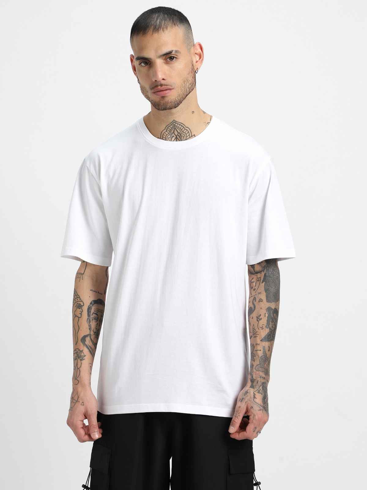 Veirdo Pure Cotton Oversized Fit Round Neck White T-Shirt For Men - XXL