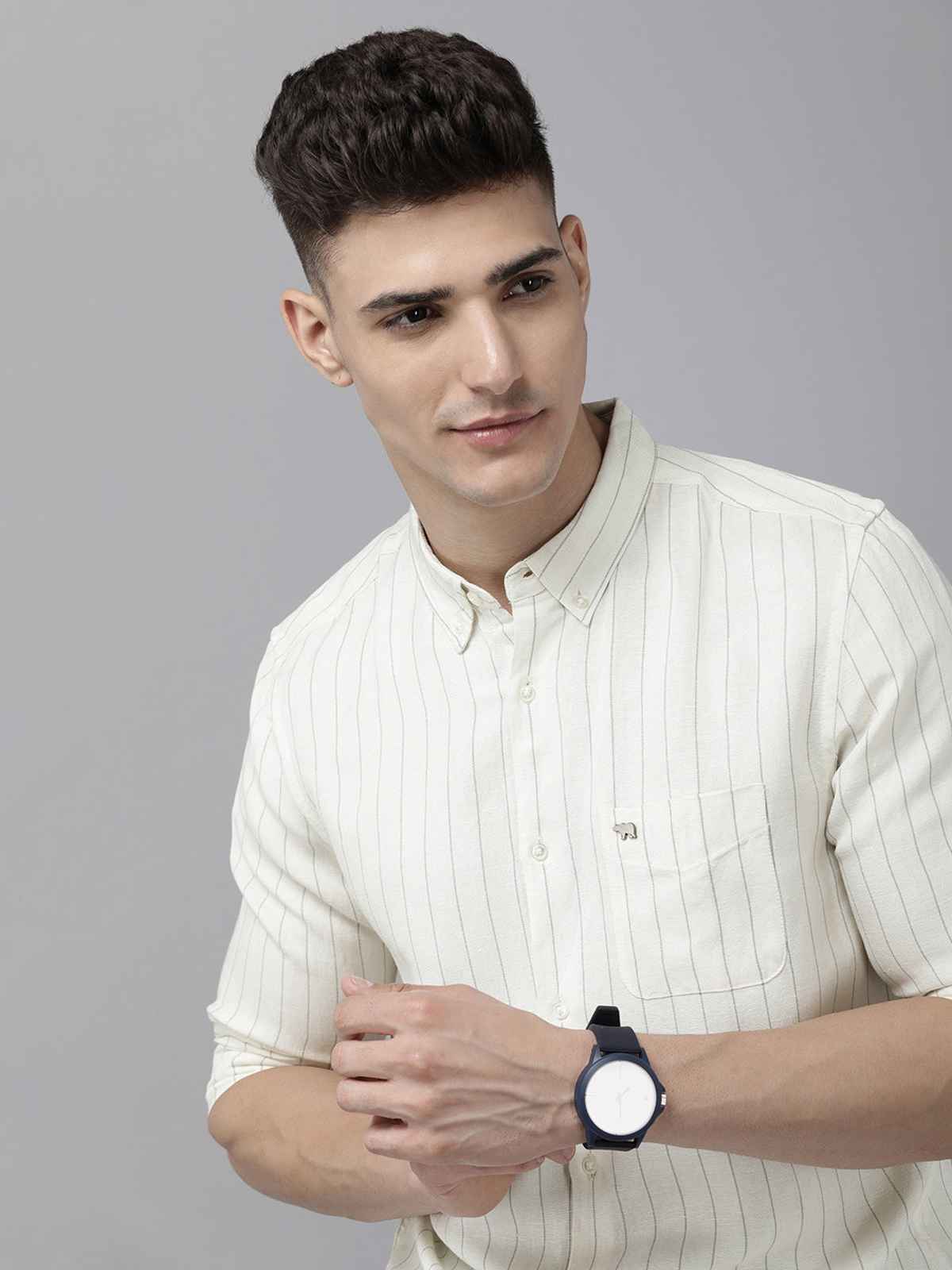 The Bear House Men Vertical Striped Slim Fit Cotton Linen Casual Shirt | Style - Wydal | White - XL
