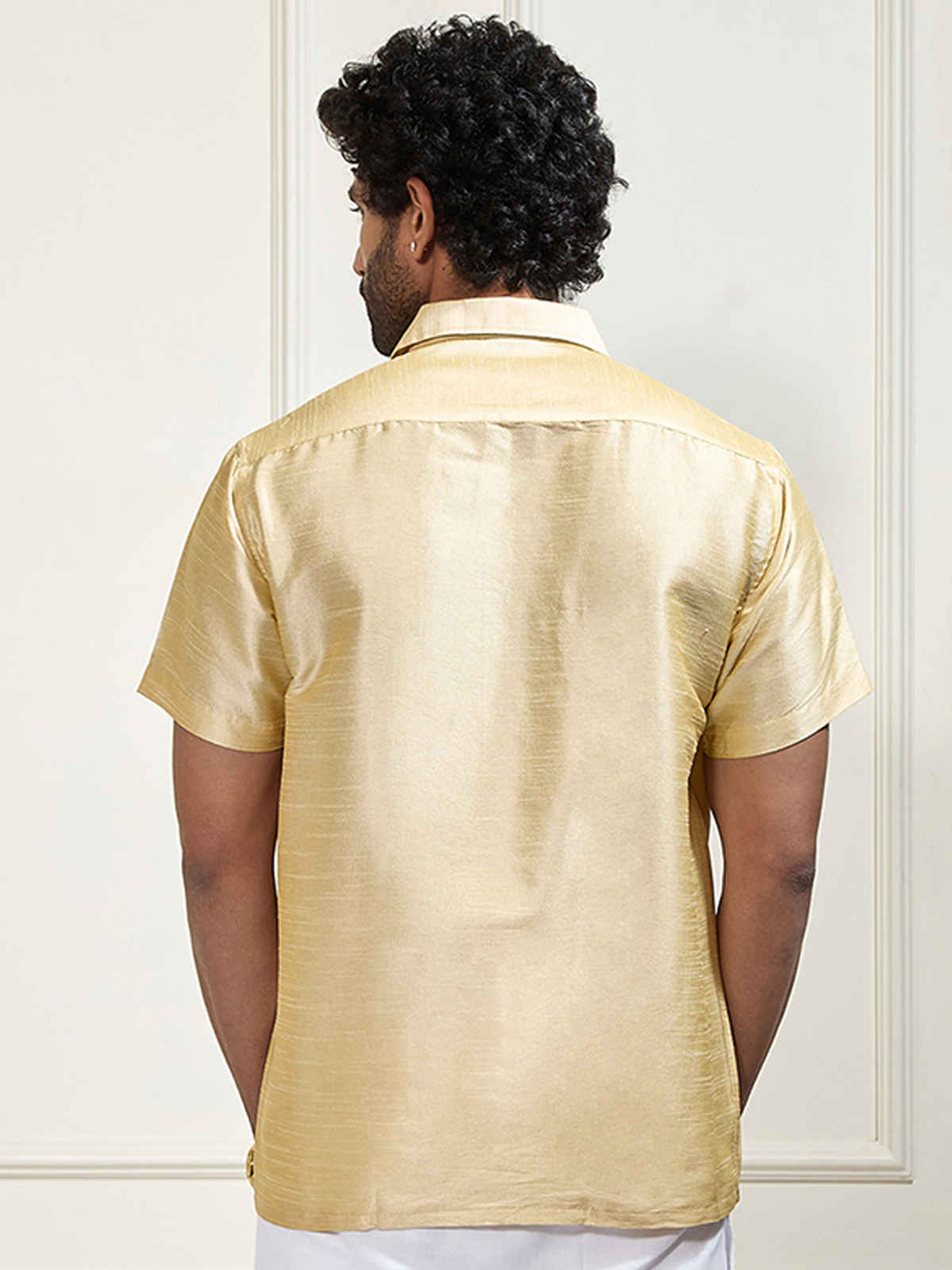Vastramay Mens Silk Blend Casual Shirt | Golden Short Sleeve Festive Wear with Patch Pocket - L