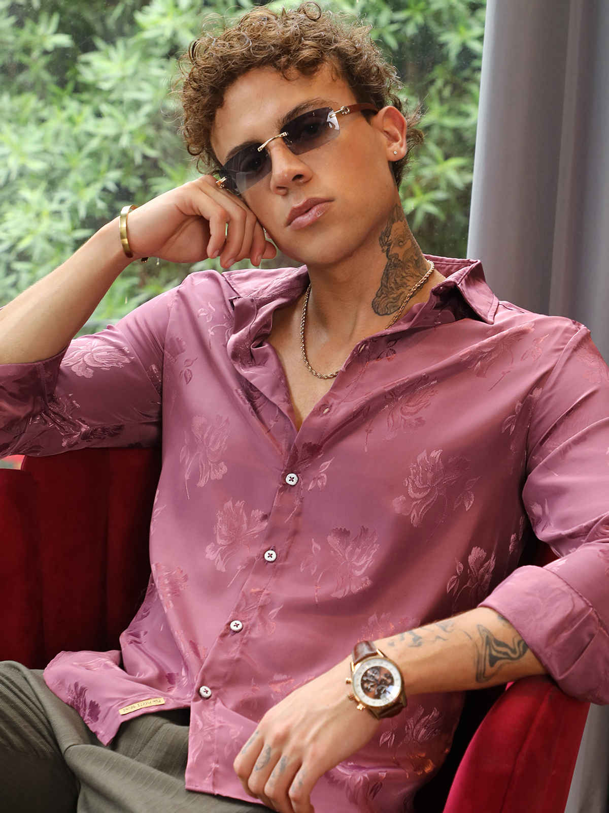 Campus Sutra Men's Self-Design Floral Shirt | Rouge Pink - XL