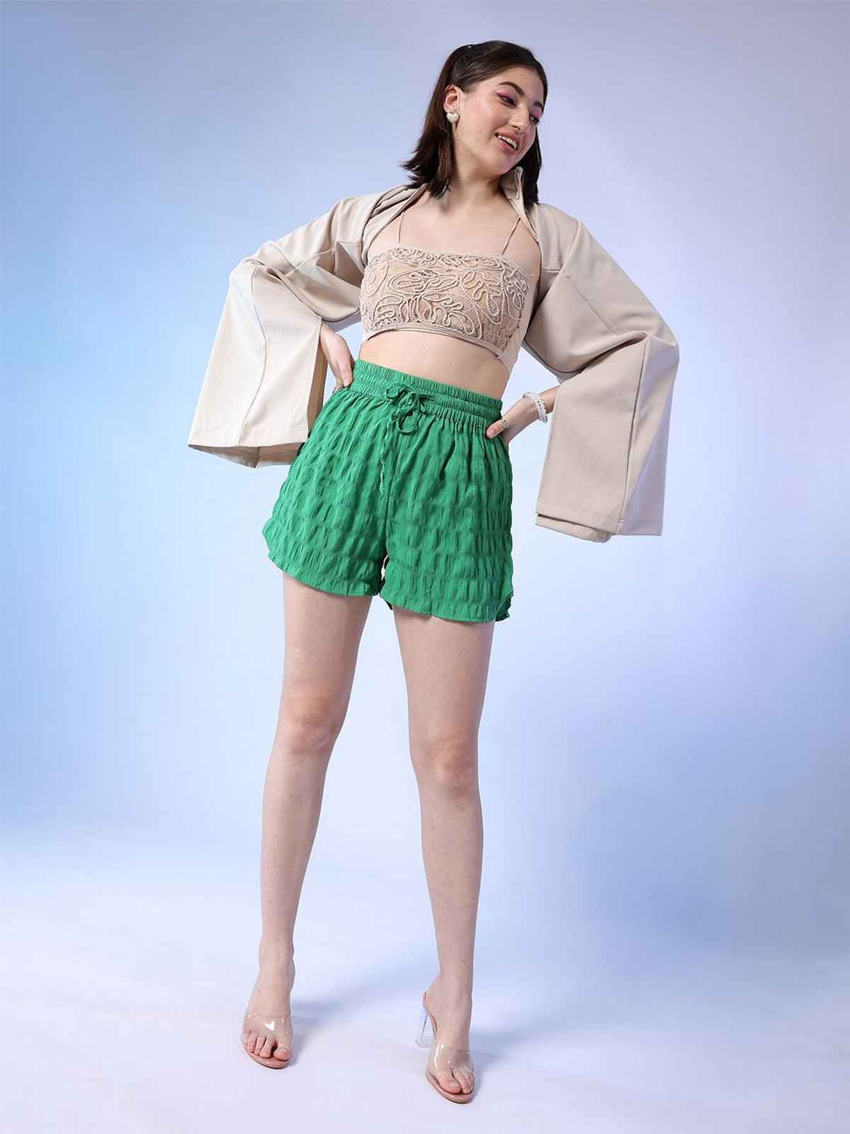 Freehand Women's Elasticated Seer Sucker Shorts With Drawstring | Green - 28