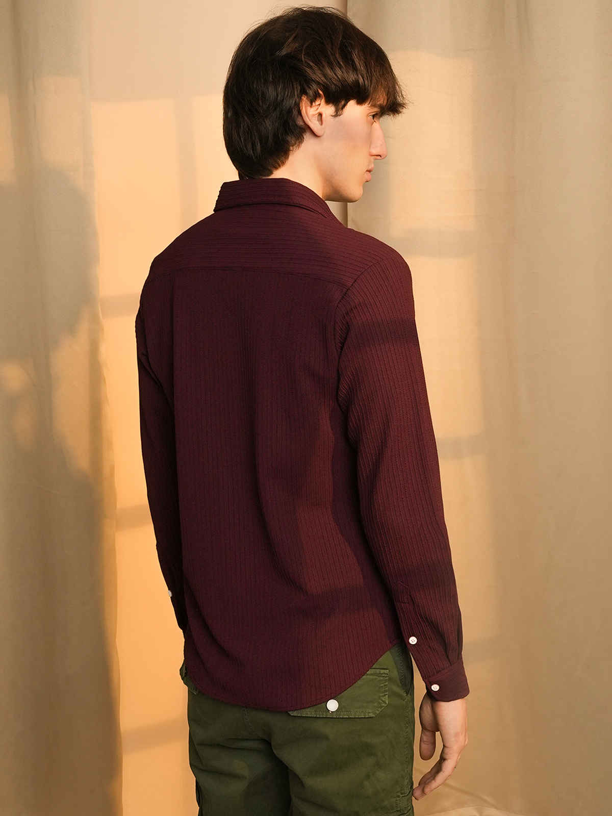 Campus Sutra Men's Stripe-Creased Shirt | Maroon Red - L