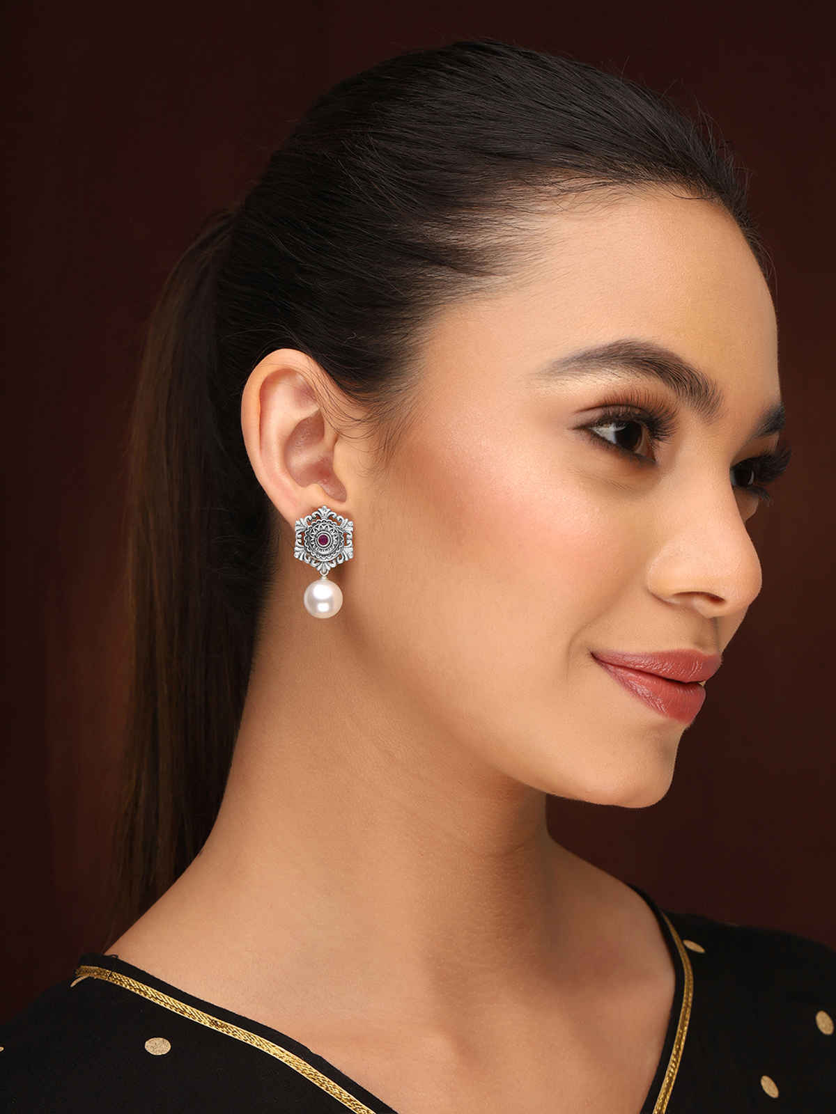 Priyaasi Silver oxidised stone studded drop earring for women
