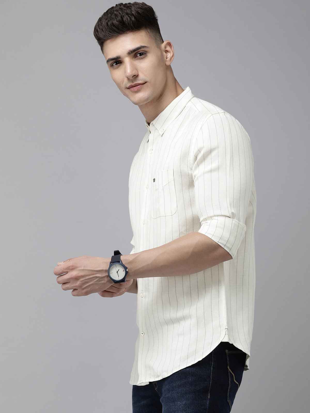 The Bear House Men Vertical Striped Slim Fit Cotton Linen Casual Shirt | Style - Wydal | White - XL