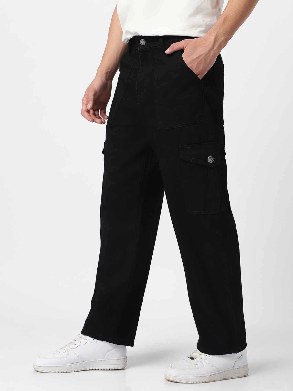 Urbano Fashion Men's Cargo Jeans Loose Baggy Fit 6 Pockets Non-Stretchable | Black | 28