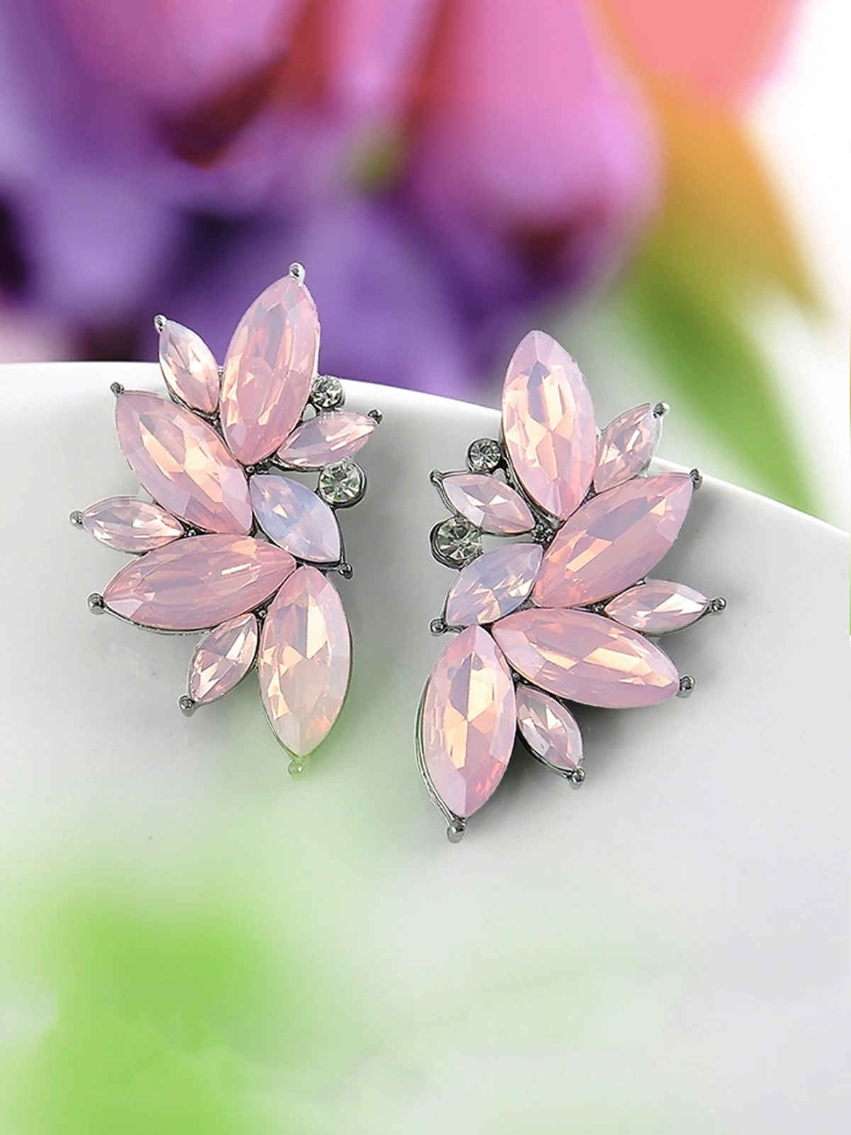 Yellow Chimes Silver-Plated & Pink Floral Studs Earrings