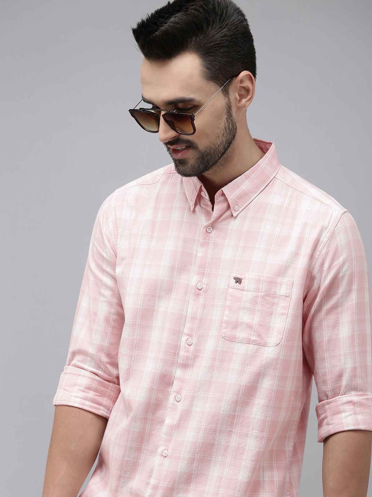 The Bear House Men Slim Fit Checked Button-Down Casual Shirt - Nimos | Pink | XL
