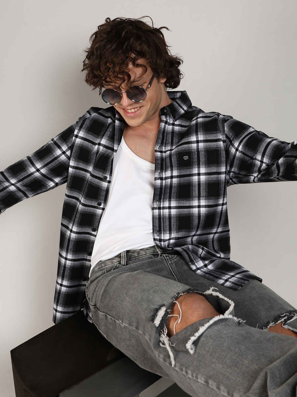 Campus Sutra Men's Brushed Buffalo Check Shirt | Midnight Black & Chalk White - XL