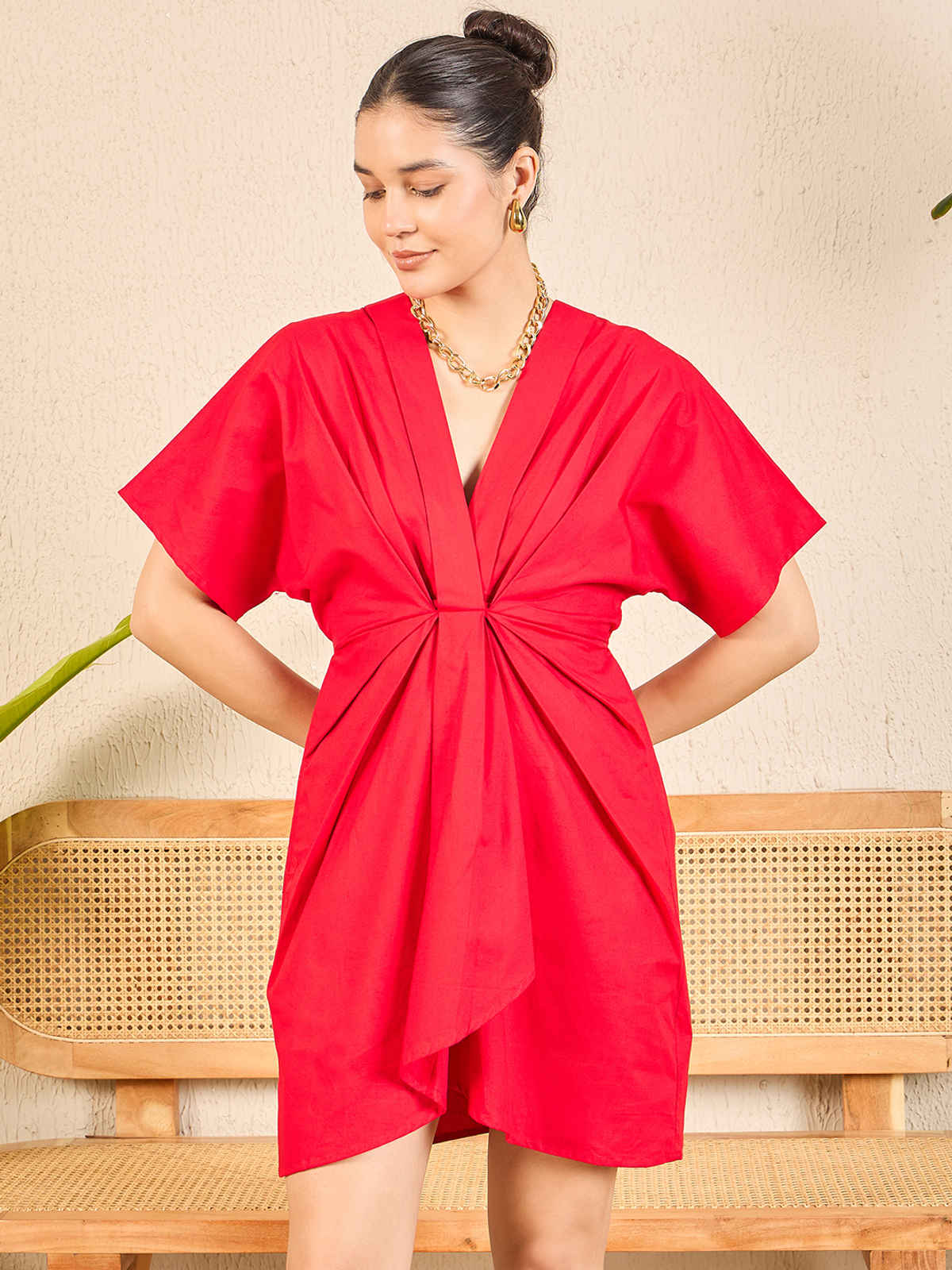 Uptownie Women's Cotton Poplin Kimono Sleeve Dress | Red - XL