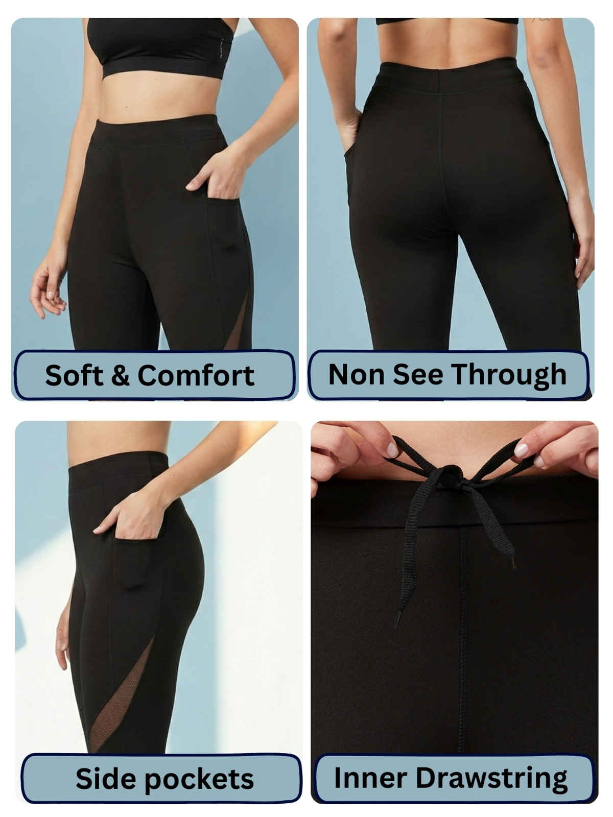 Blinkin Women's Gym Pants & Tights - Black | Stretchable | With Mesh Insert & Side Pockets | M