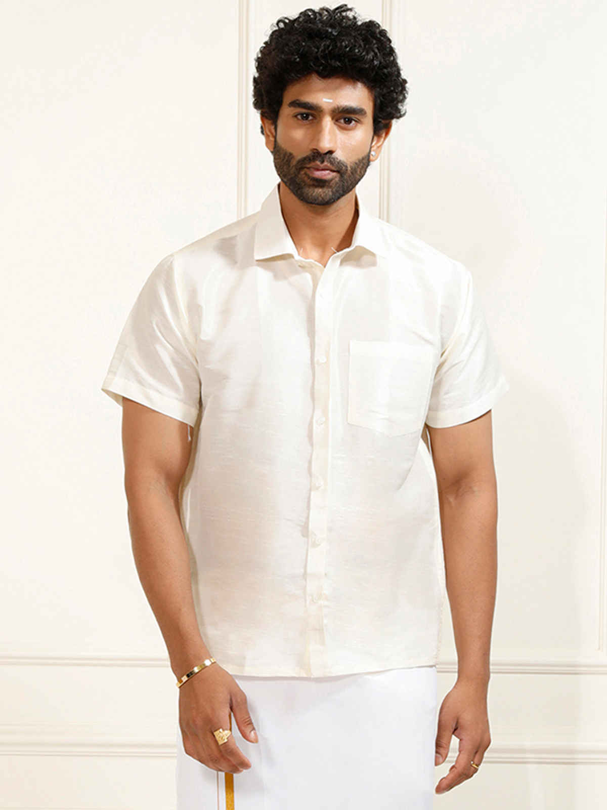 Vastramay Mens Silk Blend Casual Shirt | Cream Short Sleeve Elegant Fit with Patch Pocket - L