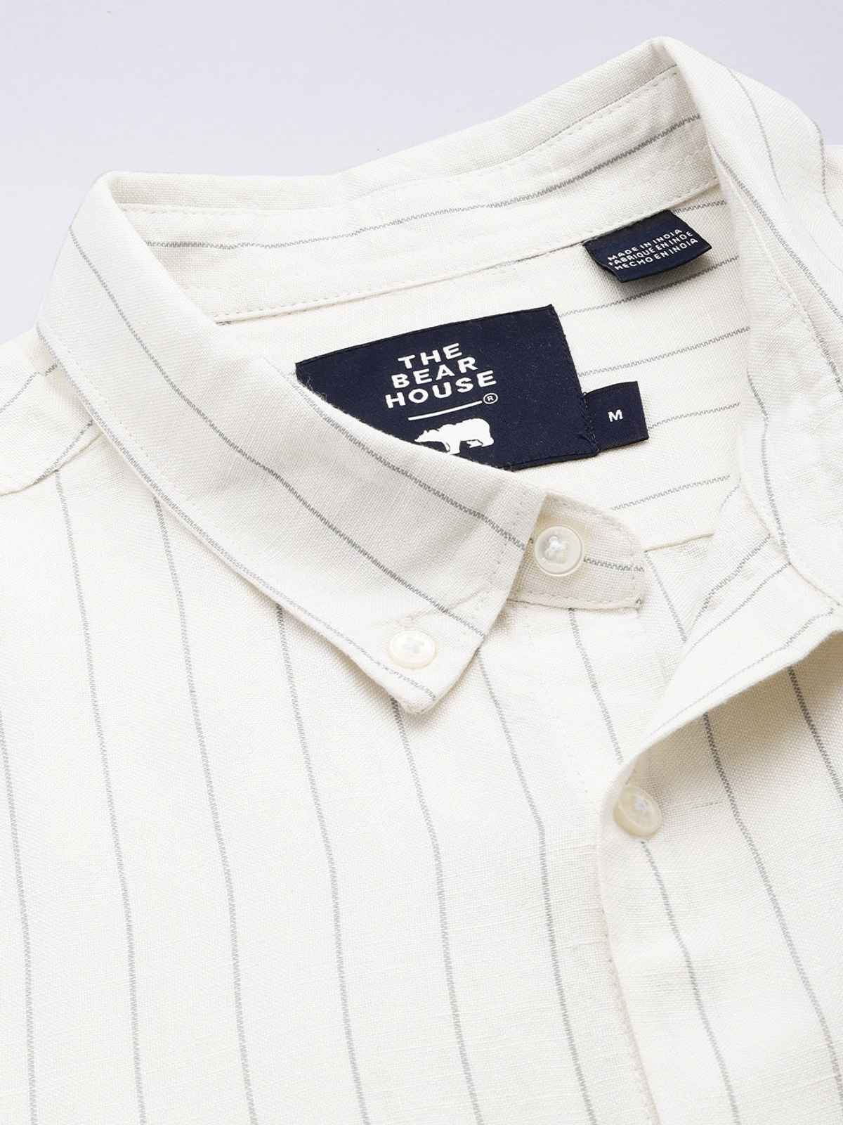 The Bear House Men Vertical Striped Slim Fit Cotton Linen Casual Shirt | Style - Wydal | White - XL
