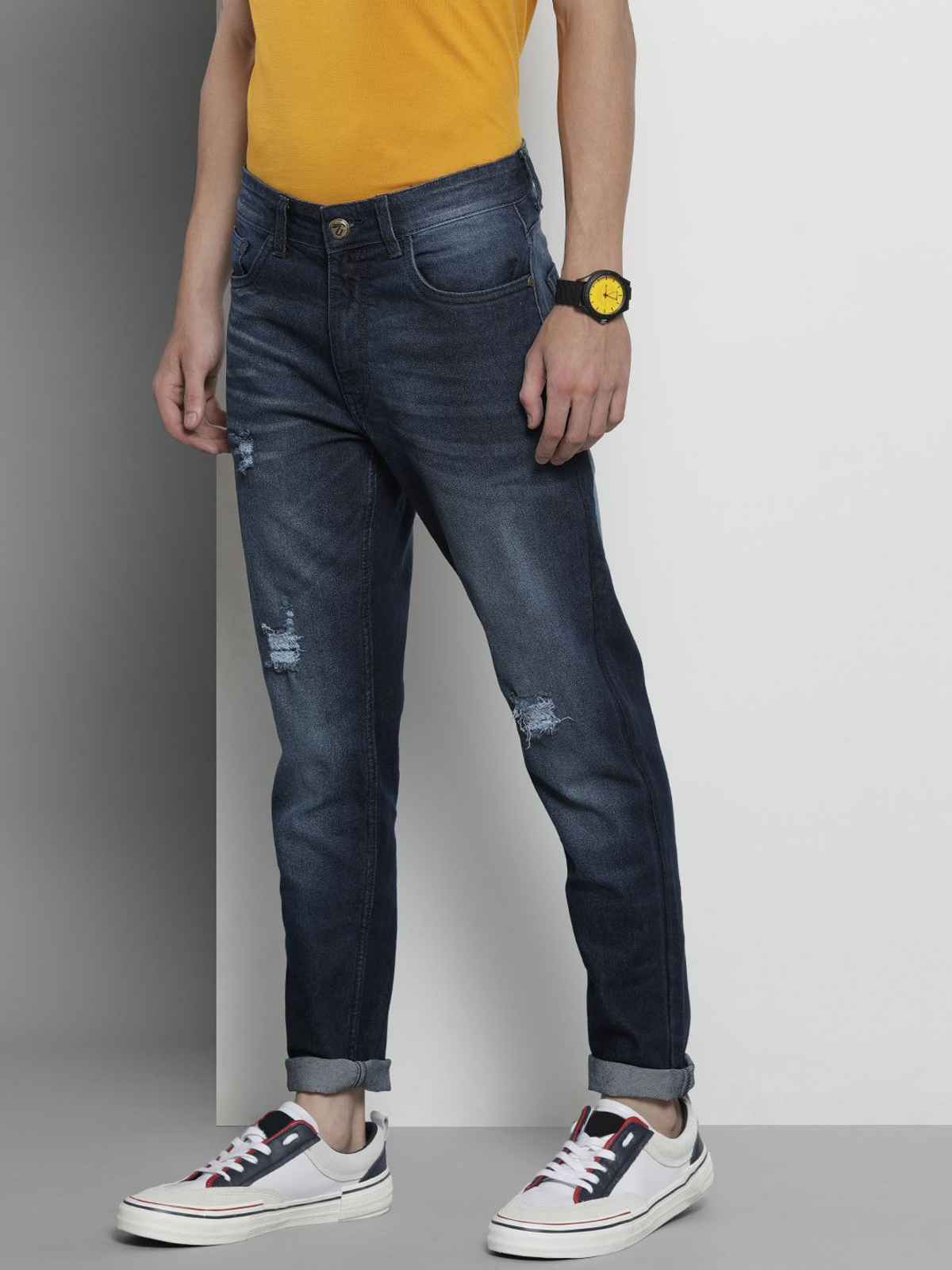 The Indian Garage Co Men's Slim Fit Solid Casual Jeans | Blue - 34