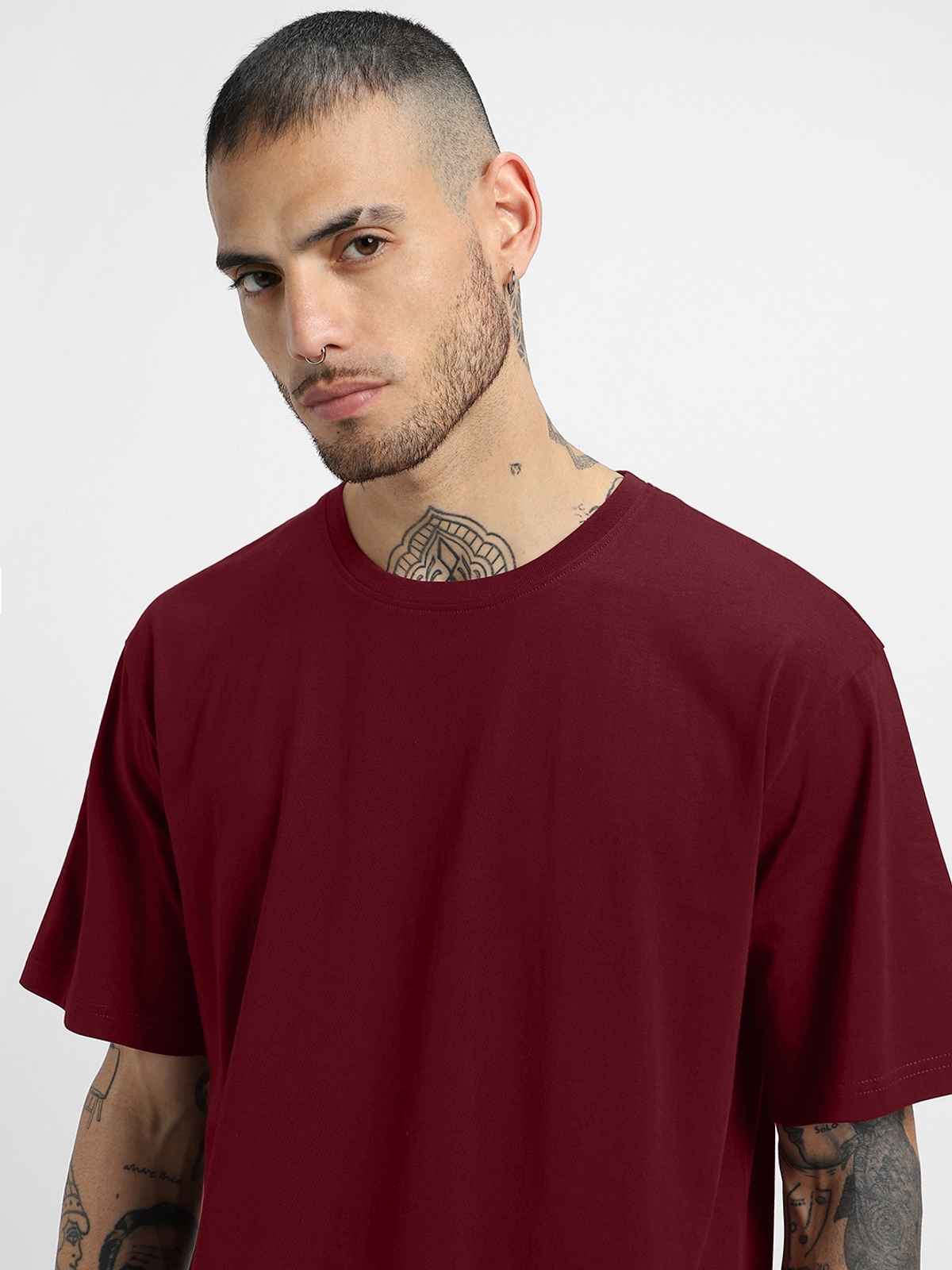Veirdo Pure Cotton Oversized Fit Round Neck Maroon T-Shirt For Men - XXL