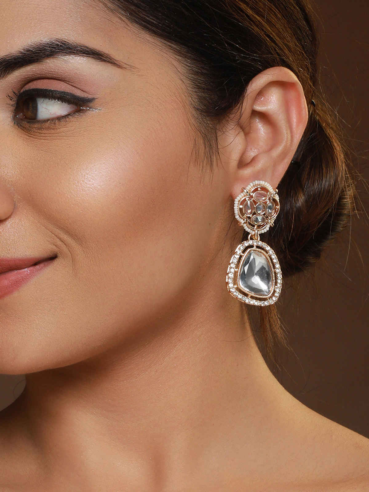 Priyaasi Floral Ad Studded Rose Gold-Plated Drop Earrings