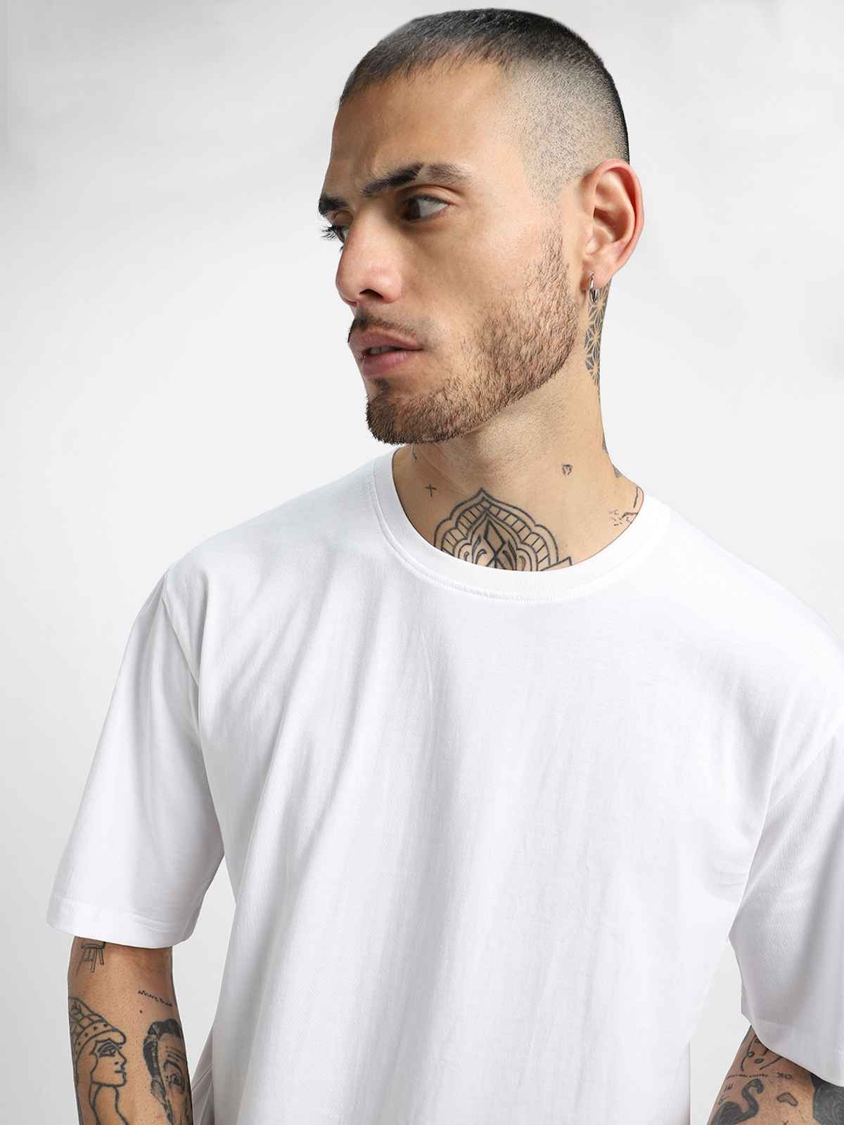 Veirdo Pure Cotton Oversized Fit Round Neck White T-Shirt For Men - XXL