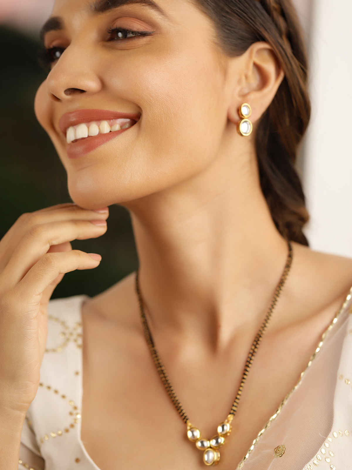 Priyaasi Kundan Gold Plated Pendant With Mini Kundan Gold Plated Earrings Manglasutra Set