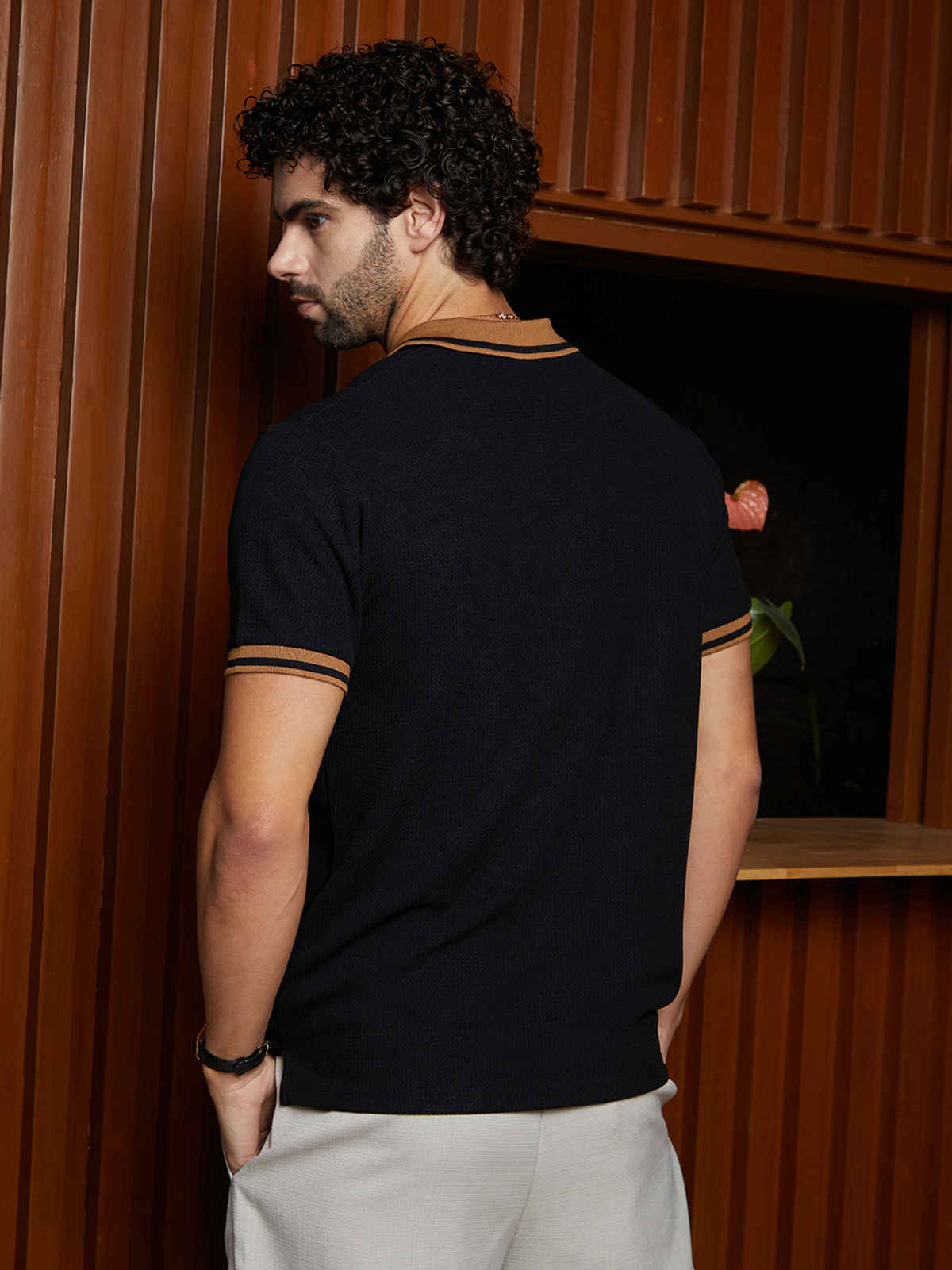 Campus Sutra Men's Cuboid-Stripe Polo T-Shirt | Onyx Black - L