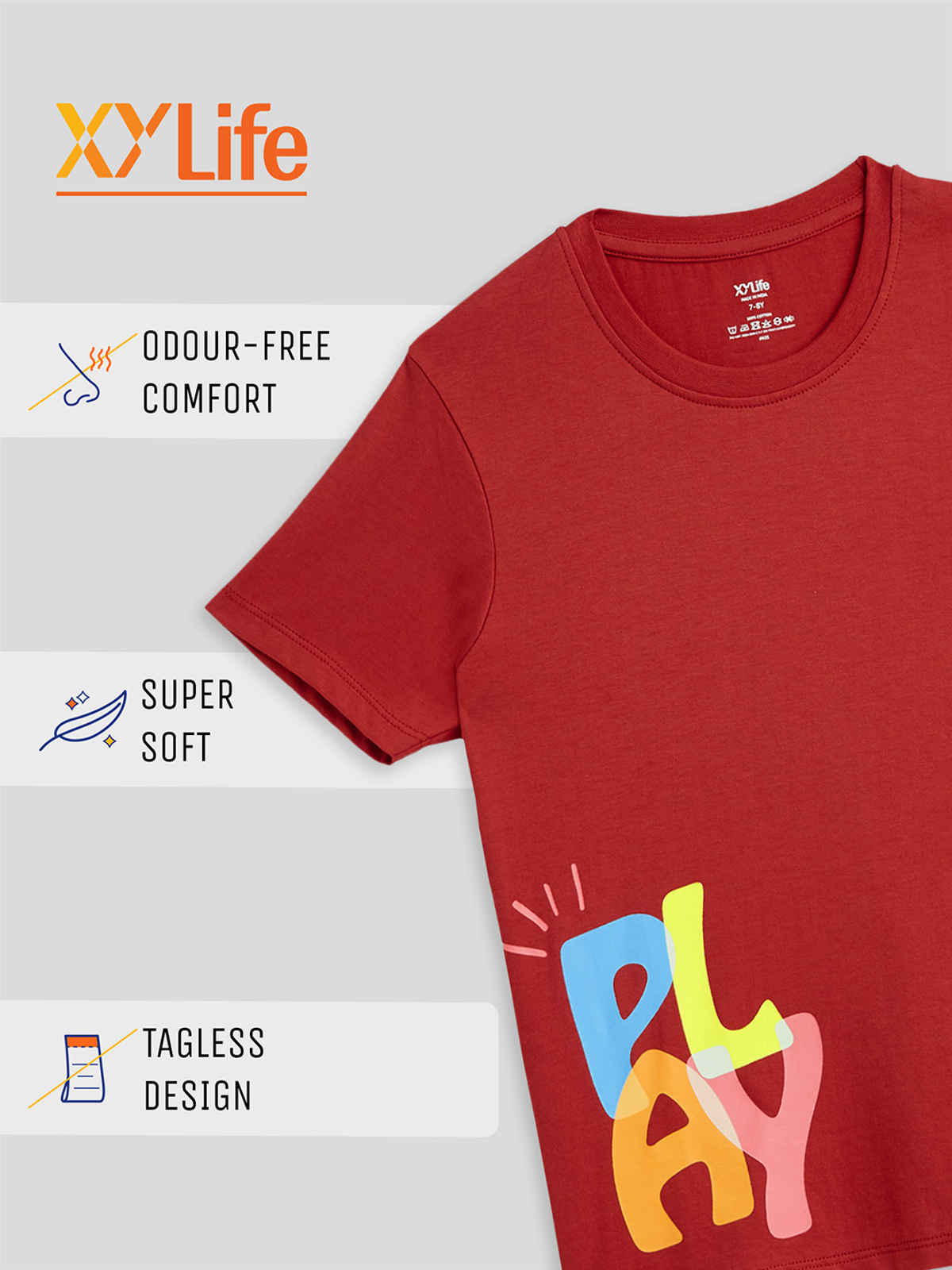 XY Life Kids T-shirts for Boys | 100% Combed Cotton | Antimicrobial Finish | 7-8Y | Dark Red